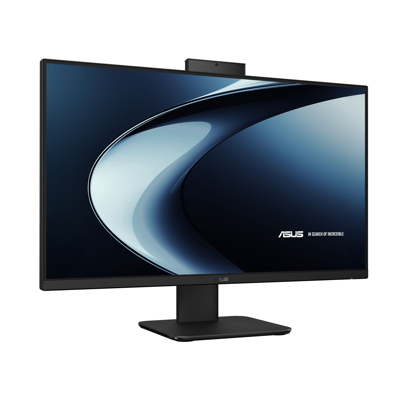 Schwarzer ASUS-Monitor mit abstraktem Hintergrund in Dunkelblau und Weiß. Oben ist eine Webcam angebracht.