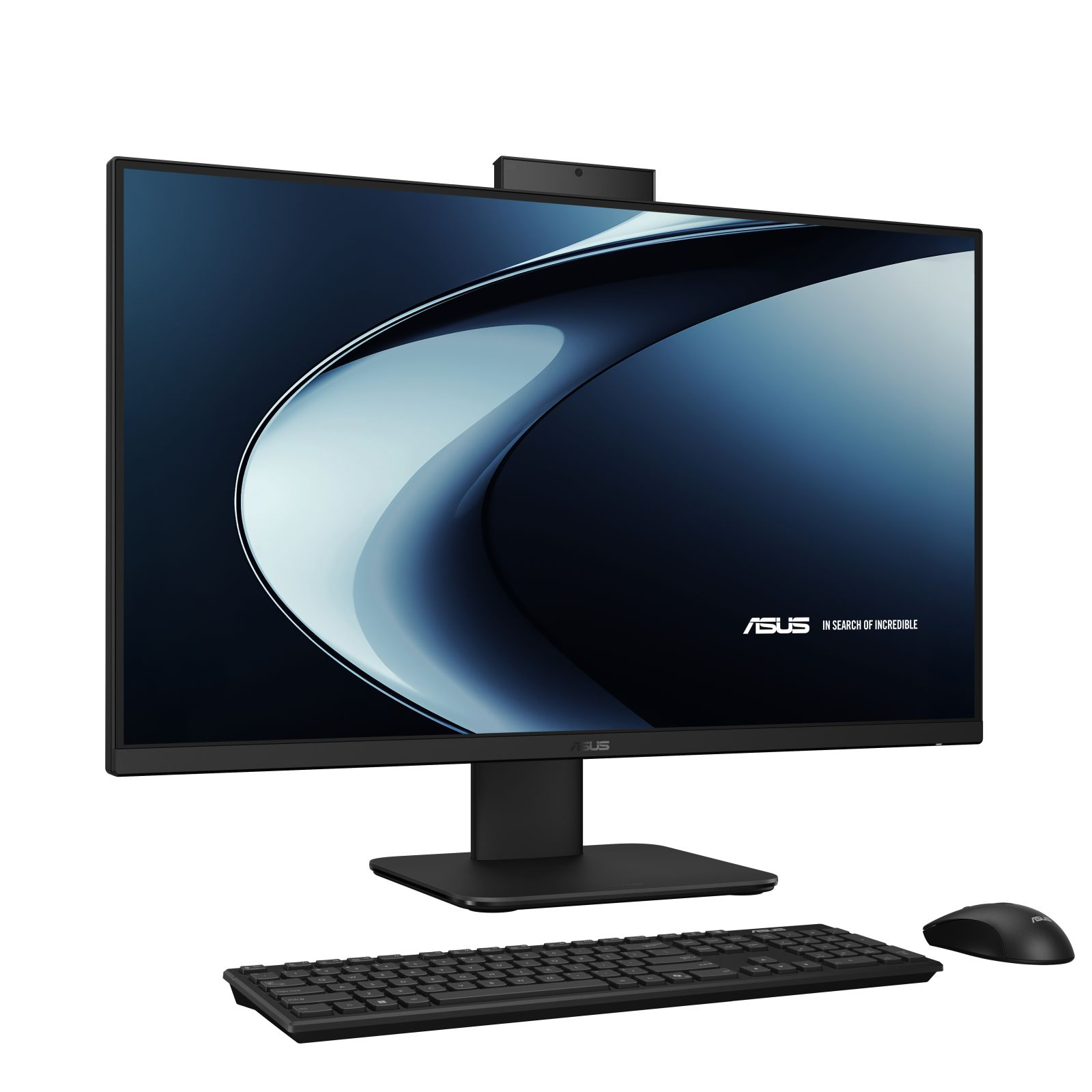Ein schwarzes ASUS-Monitor-, Tastatur- und Maus-Set. Der Monitor zeigt ein blaues und weißes abstraktes Design.