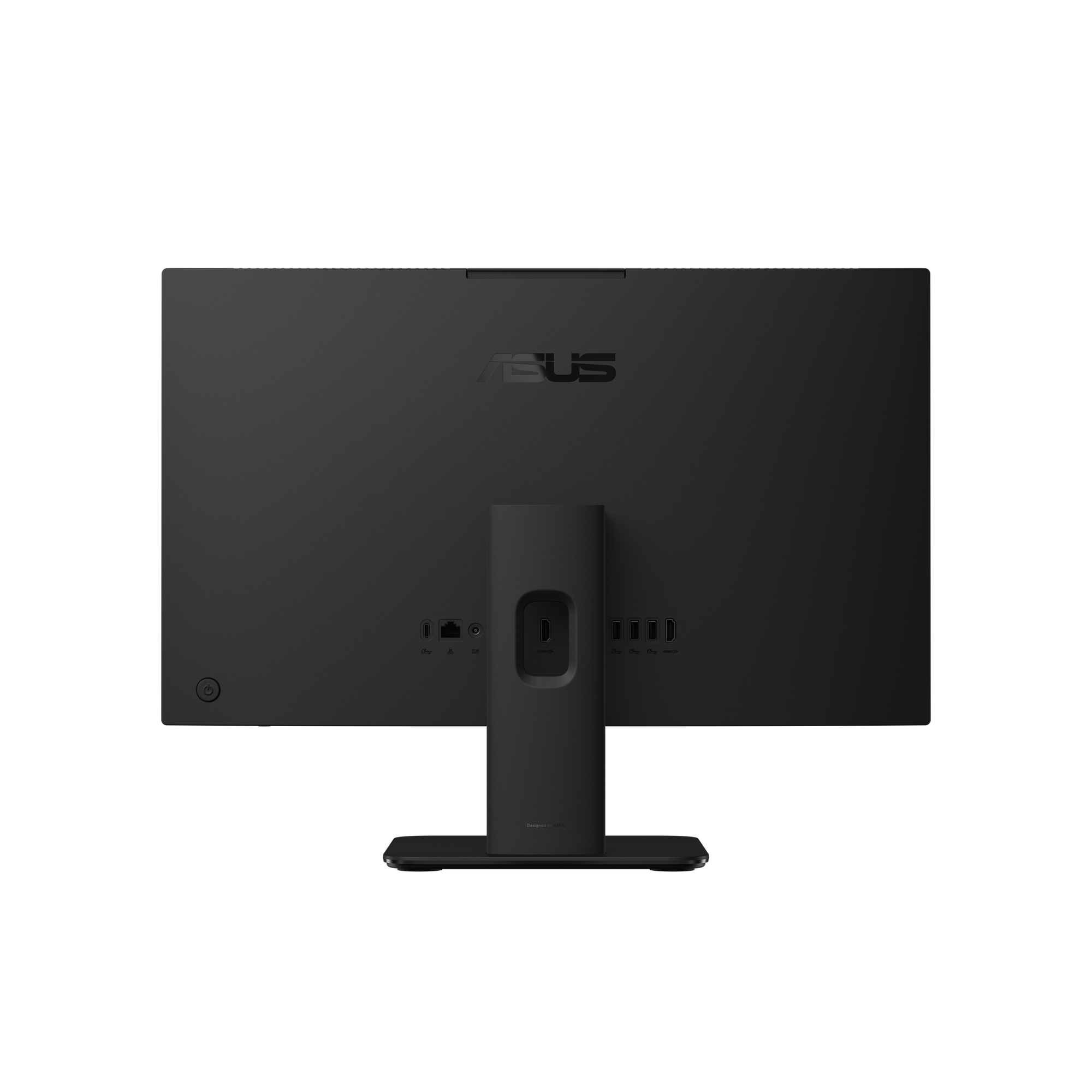 Retro di un monitor ASUS nero. Porte, supporto e logo visibili. Pulsante di accensione a sinistra.