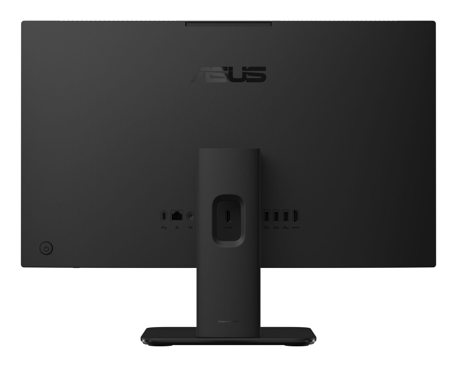 Vista posteriore del monitor ASUS nero. Porte per alimentazione, USB, HDMI e altro. Logo ASUS in alto.