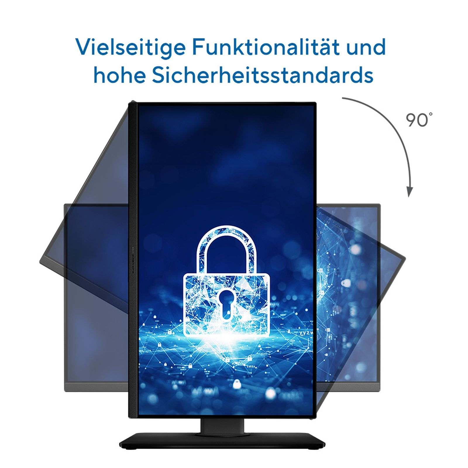Tre monitor mostrano la sicurezza. Il monitor centrale mostra un'icona a lucchetto.