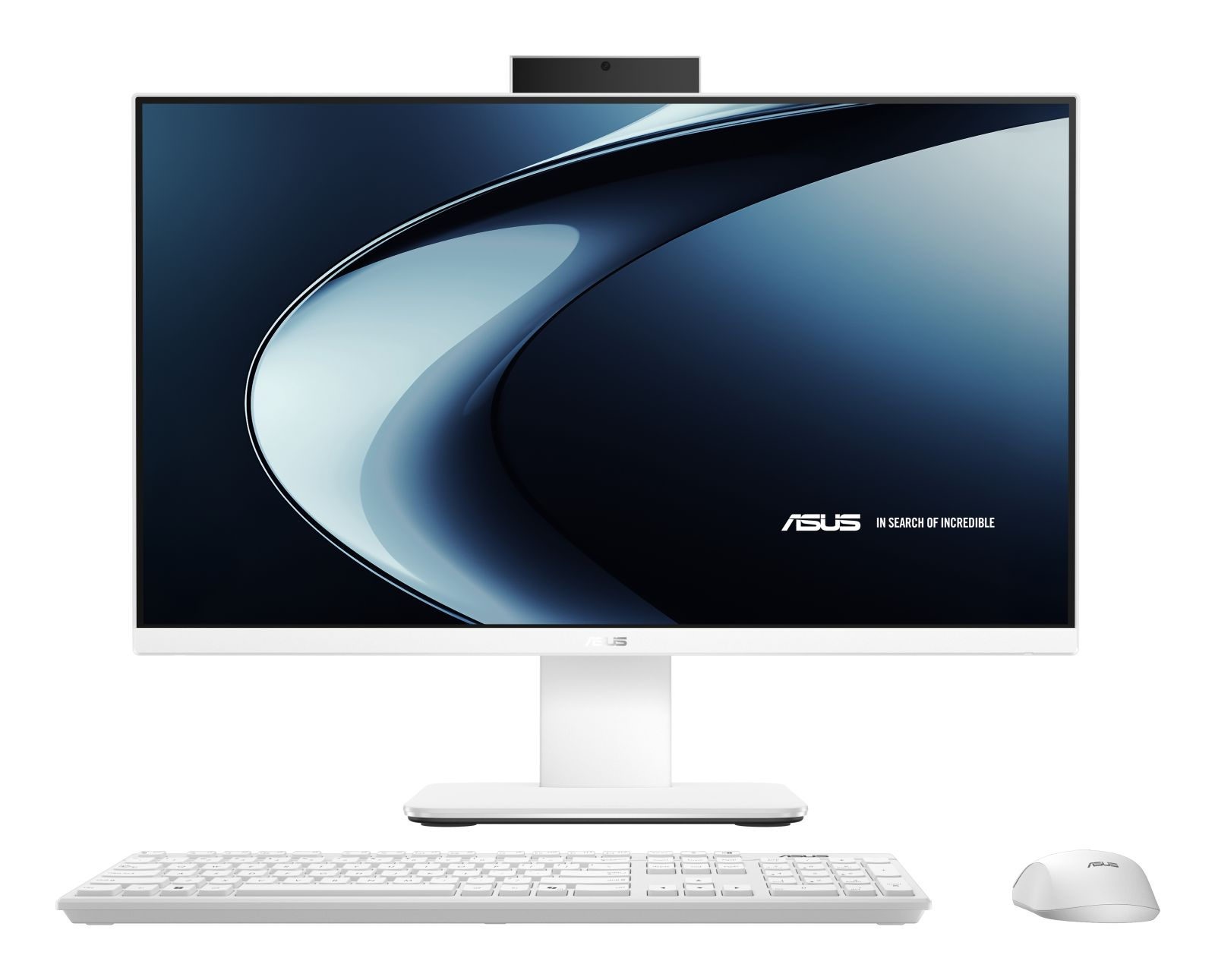 Weißer ASUS All-in-One-Computer mit Tastatur und Maus. Der Bildschirm zeigt ein blaues und weißes Wellendesign.