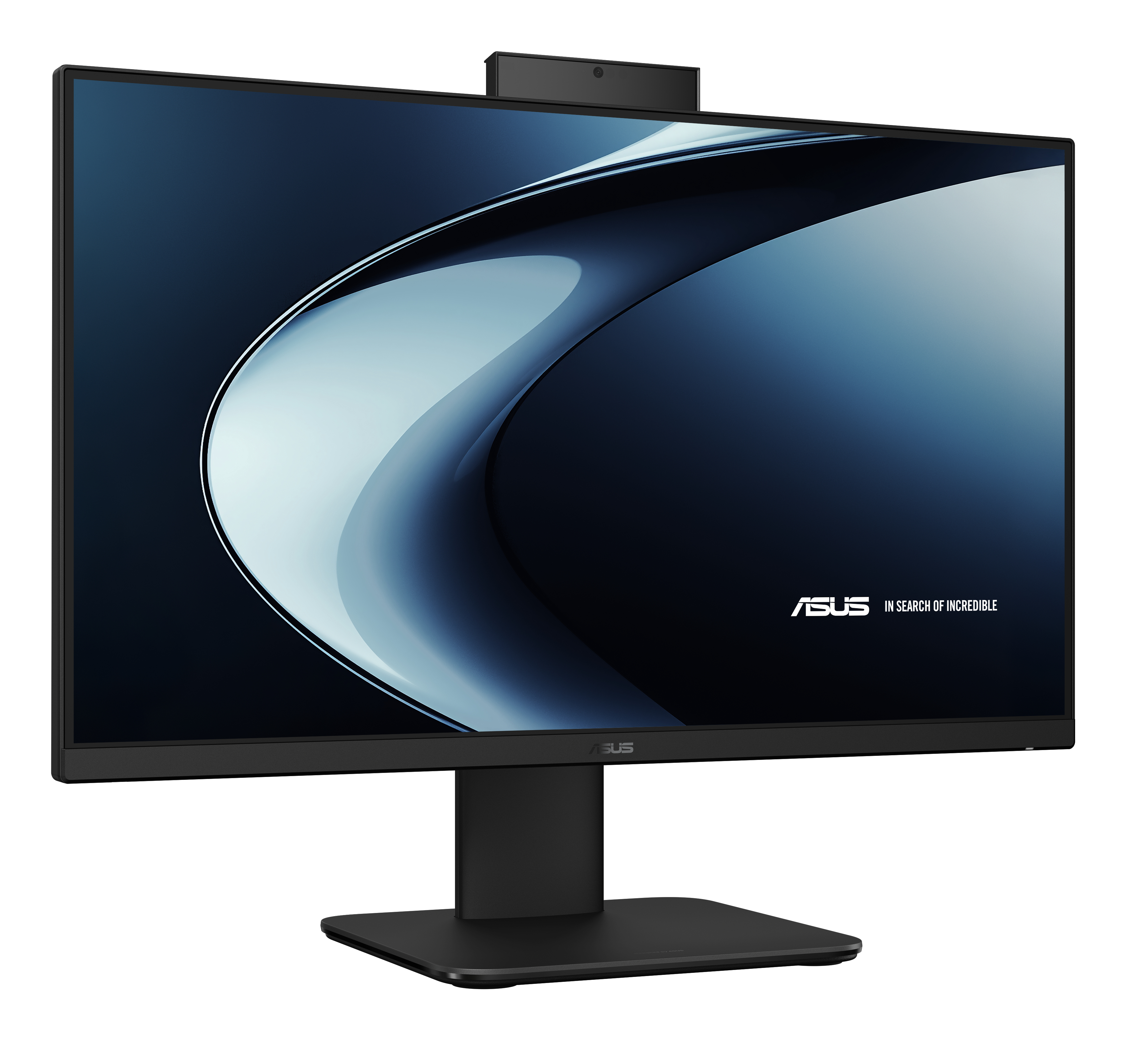Ein schwarzer ASUS-Monitor mit Webcam. Der Bildschirm zeigt ein blau-weißes abstraktes Design.