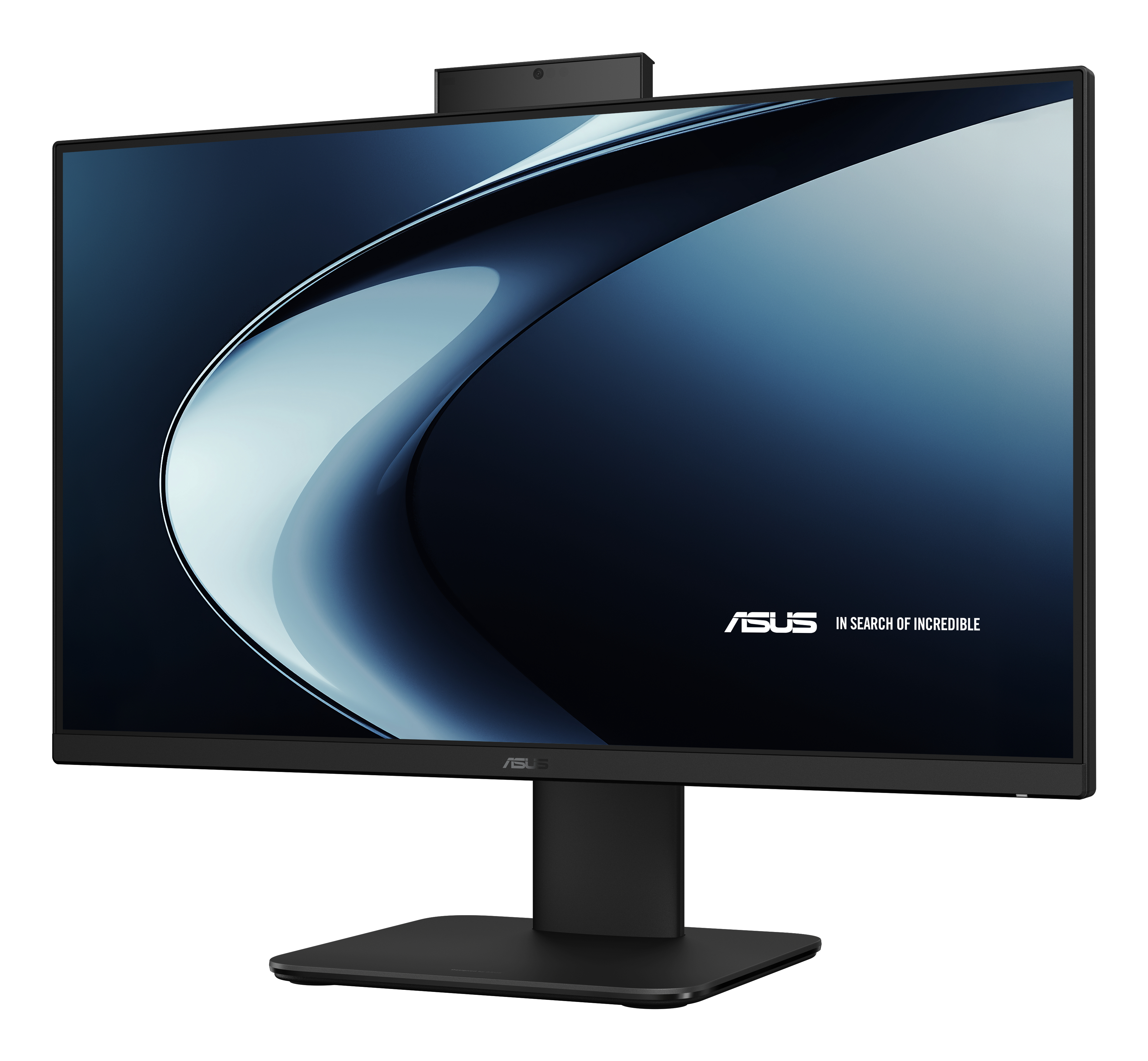 Ein ASUS-Monitor mit schwarzem Rahmen und Ständer, der einen abstrakten blau-weißen Hintergrund zeigt.