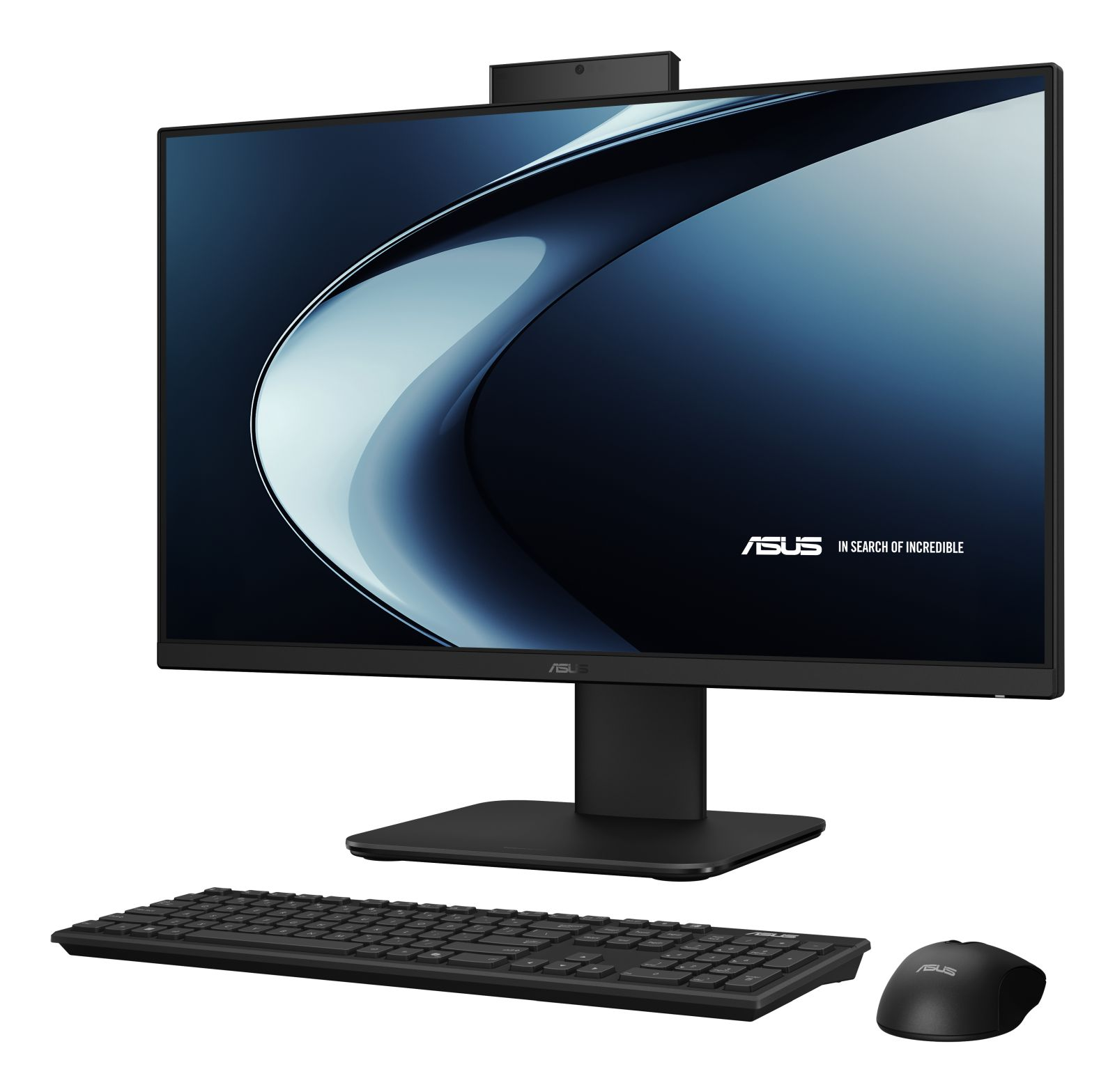 Ein ASUS All-in-One-PC. Er hat einen Monitor, eine Tastatur und eine Maus. Der Bildschirm zeigt ein abstraktes Design in Marineblau und Weiß.