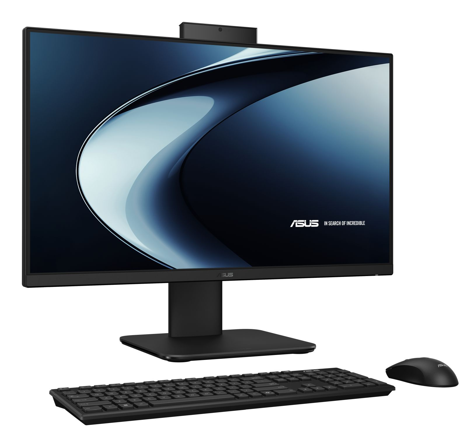 Ein schwarzer ASUS All-in-One-Computer. Er umfasst einen Monitor, eine Webcam, eine Tastatur und eine Maus. Der Hintergrund ist weiß.