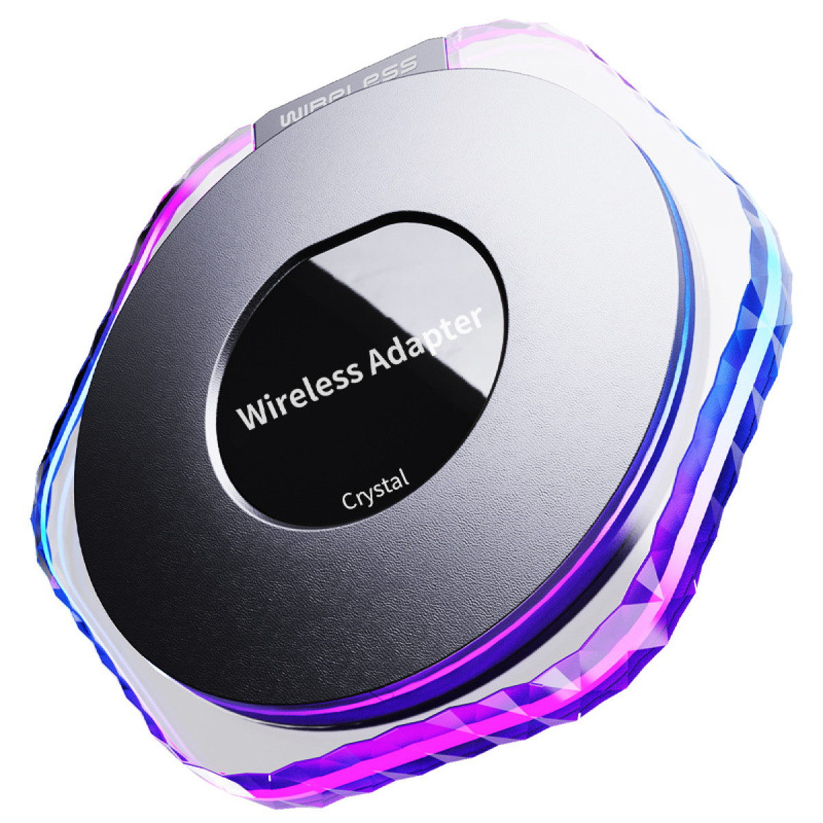 Ein kabelloser Adapter mit schwarzem Zentrum und Text 'Wireless Adapter Crystal'. Es hat einen silbernen Körper und farbenfrohe Kanten.