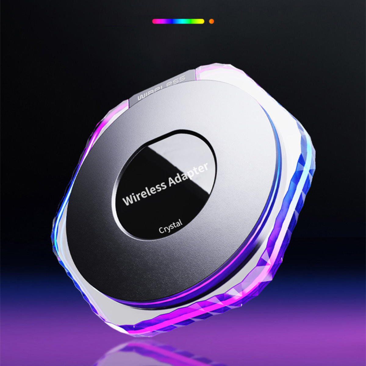 Ein drahtloser Adapter mit Kristall-Design, beleuchtet mit bunten Lichtern. Der Text 'Wireless Adapter' ist auf der Oberfläche zu sehen.