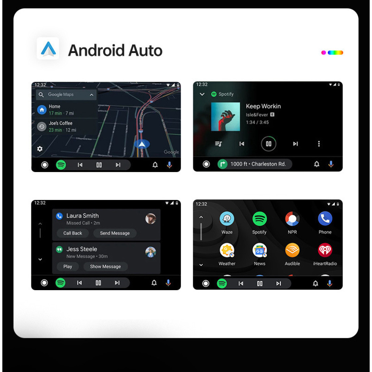 Android Auto-Oberfläche. Zeigt Google Maps, Spotify, Messaging und App-Symbole wie Waze und iHeartRadio auf schwarzem Grund.