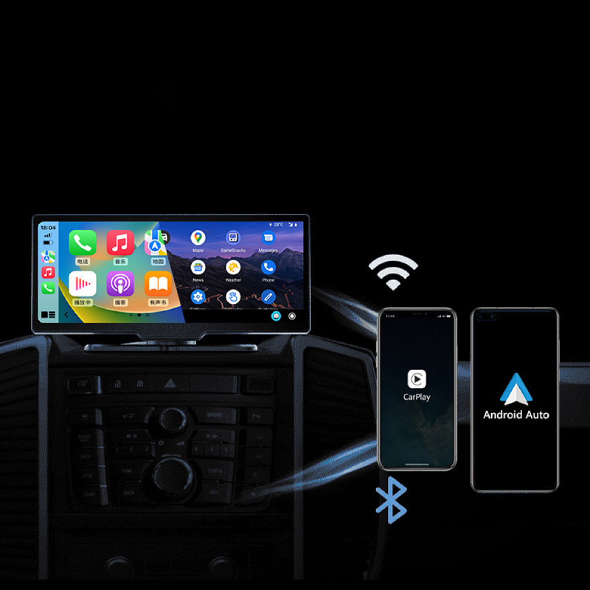 Armaturenbrett-Bildschirm mit Apps, zwei Smartphones mit CarPlay und Android Auto Logos, Bluetooth und WiFi Symbole.