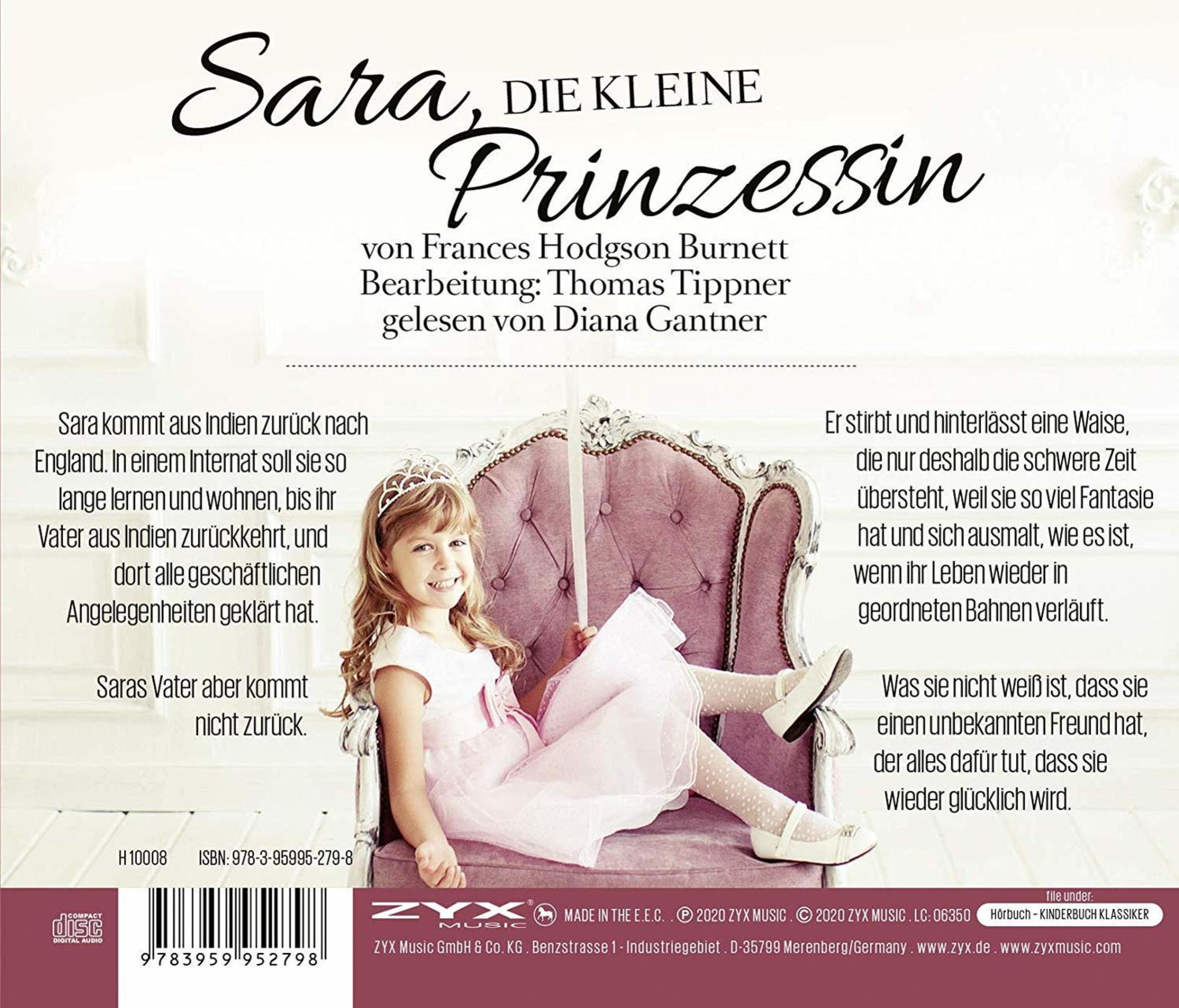 Ein Buchcover zeigt ein Mädchen in einem Prinzessinnenkleid. Der Text oben lautet Sara, Die Kleine Prinzessin.