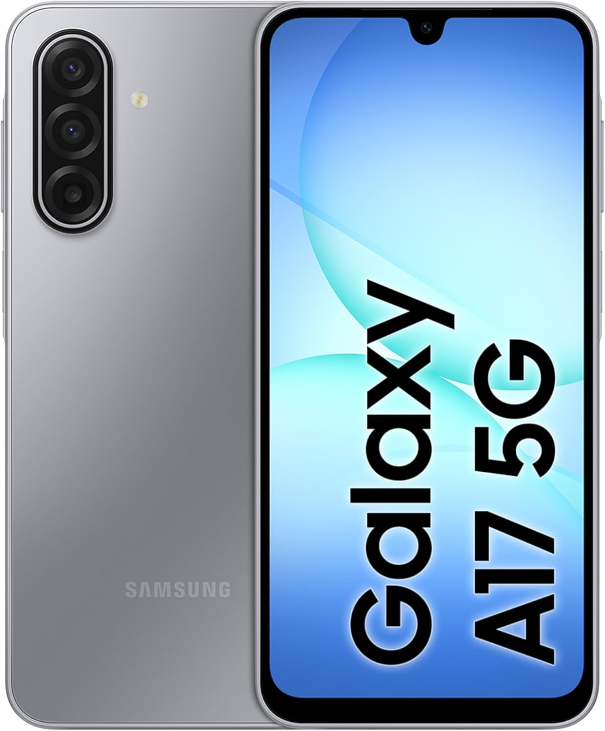 Gümüş renkli bir Samsung Galaxy A17 5G akıllı telefon. Ekranında beyaz metinle 'Galaxy A17 5G' yazıyor. Arkasında kameralar ve Samsung logosu var.