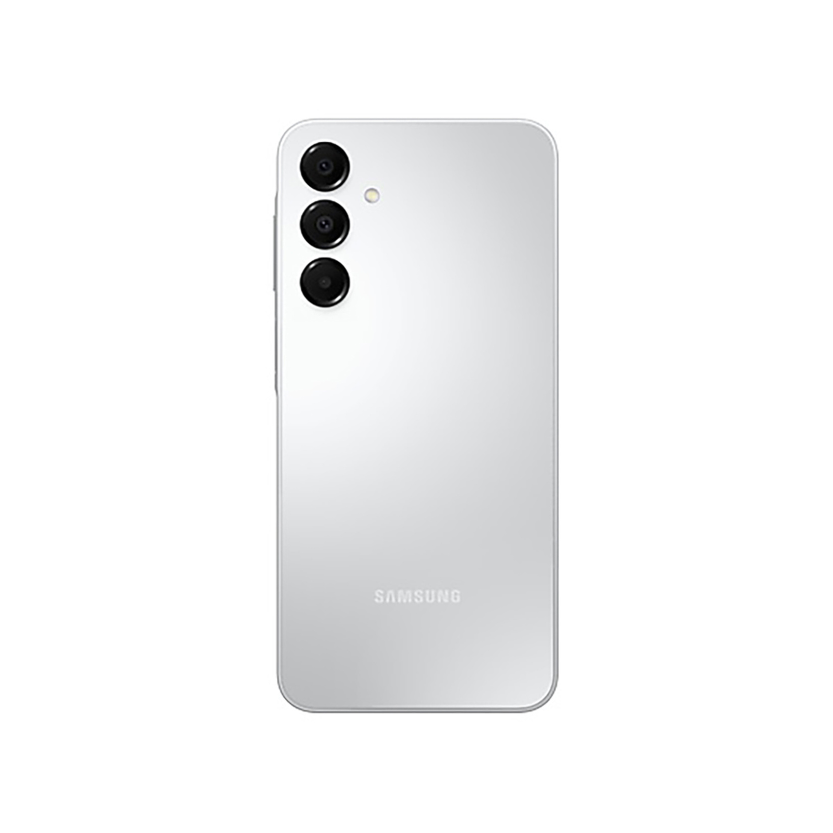 Gümüş bir Samsung akıllı telefonun arkası. Üç kamera lensi ve bir flaşı var. Marka adı altta yazılıdır.