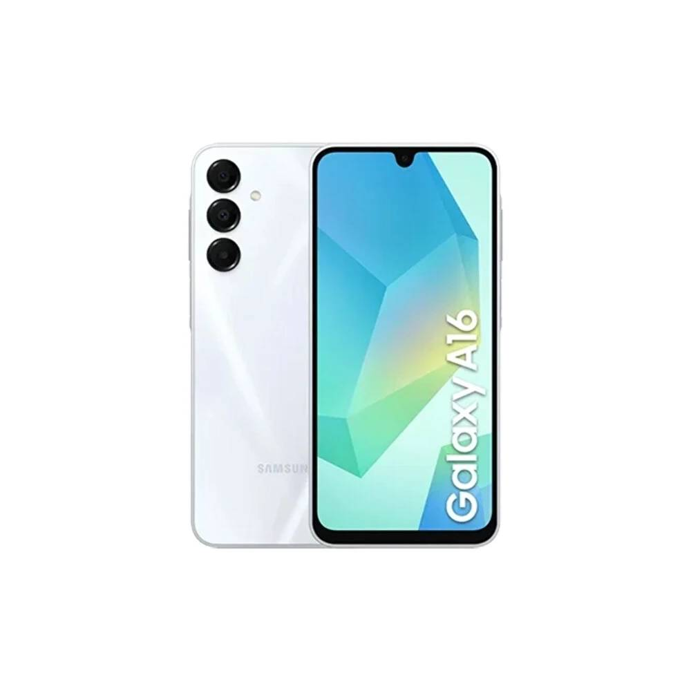 Beyaz bir Samsung Galaxy A16 akıllı telefon görüntüleniyor. Ekran, mavi ve yeşil bir tasarım gösteriyor. Telefonun arkasında üç kamera var.
