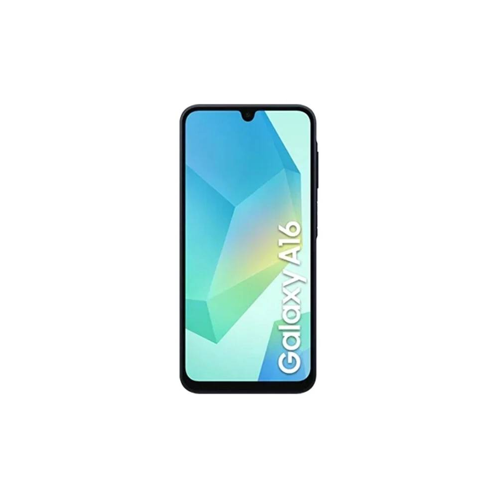 Bir Samsung Galaxy A16 akıllı telefon görüntüleniyor. Ekran, telefonun adıyla birlikte mavi ve yeşil geometrik bir desen gösteriyor.