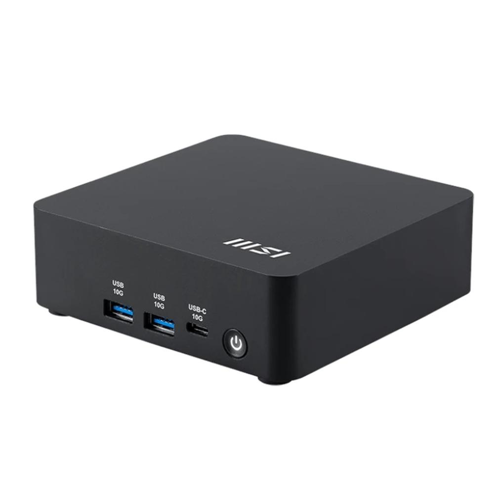 Un mini PC MSI nero. Ha porte USB e USB-C sul davanti. Il pulsante di accensione è anch'esso sul davanti.
