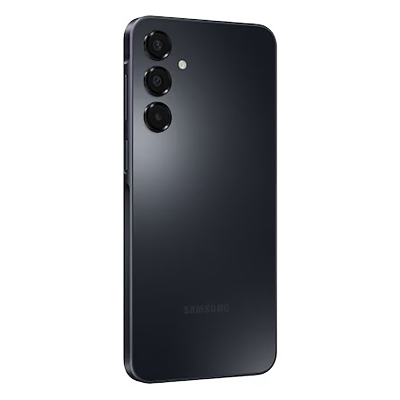 Siyah bir Samsung akıllı telefonun arkası. Üç kamera dikey olarak üst üste. Samsung altta basılıdır.