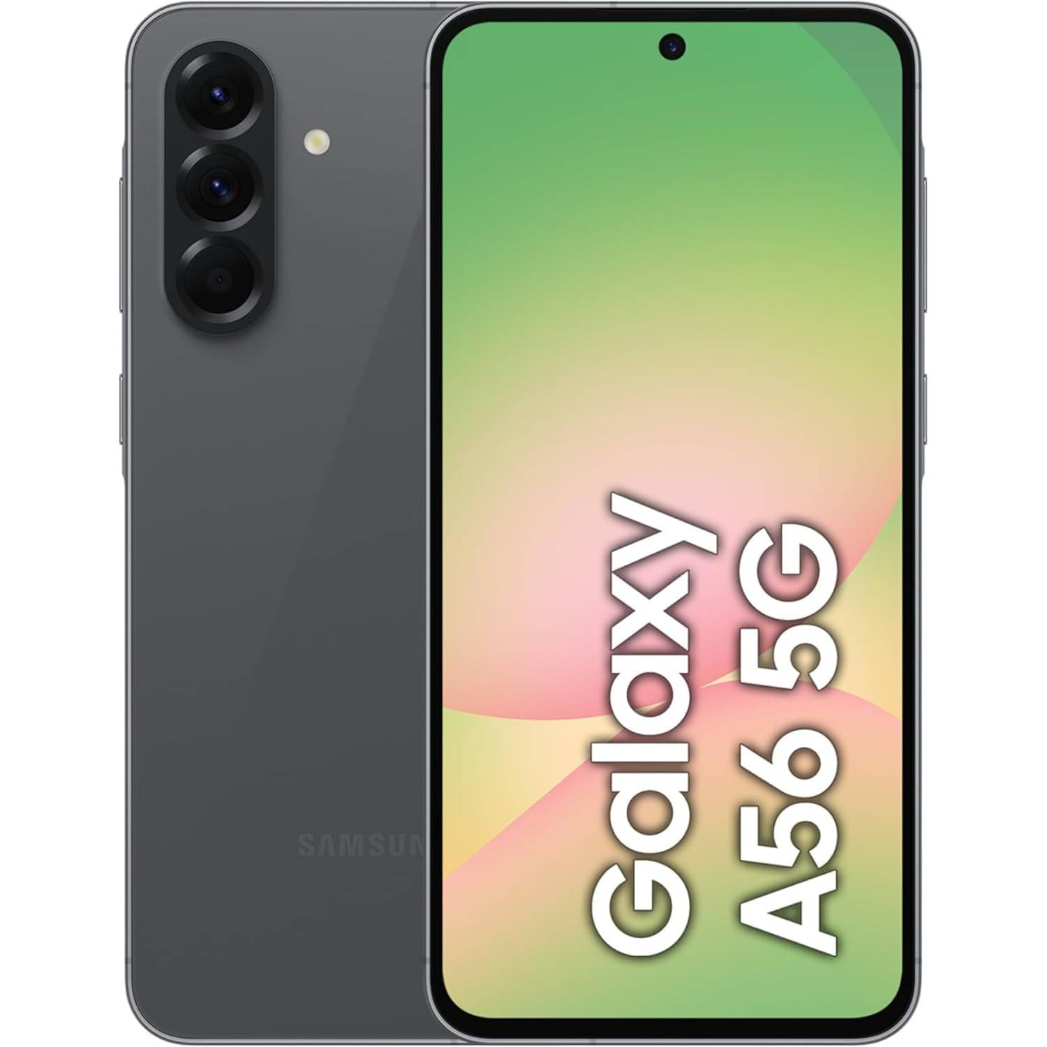 Gri bir Samsung Galaxy A56 5G akıllı telefon görüntüleniyor. Ekranında cihazın adı beyaz harflerle gösteriliyor. Arkasında üç kamera var.