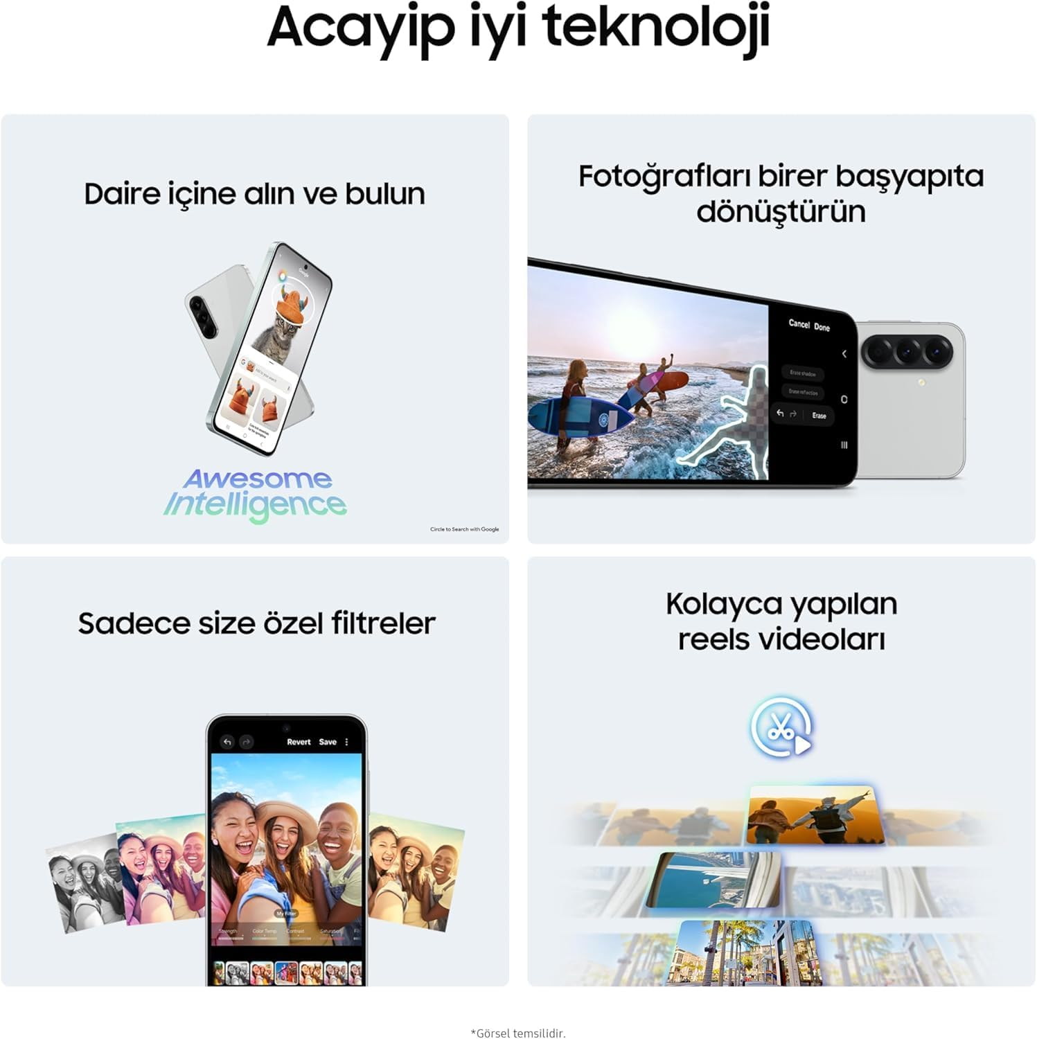 Görsel, telefon özelliklerini gösteriyor: aramak için daire, fotoğraf düzenleme, filtreler ve makara oluşturma. Telefonlar ve örnek resimler gösteriliyor.