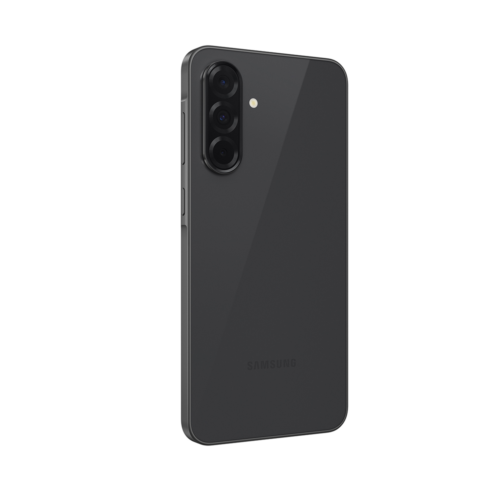 Koyu gri bir Samsung akıllı telefon, arkasında üç kamera ve Samsung logosu.