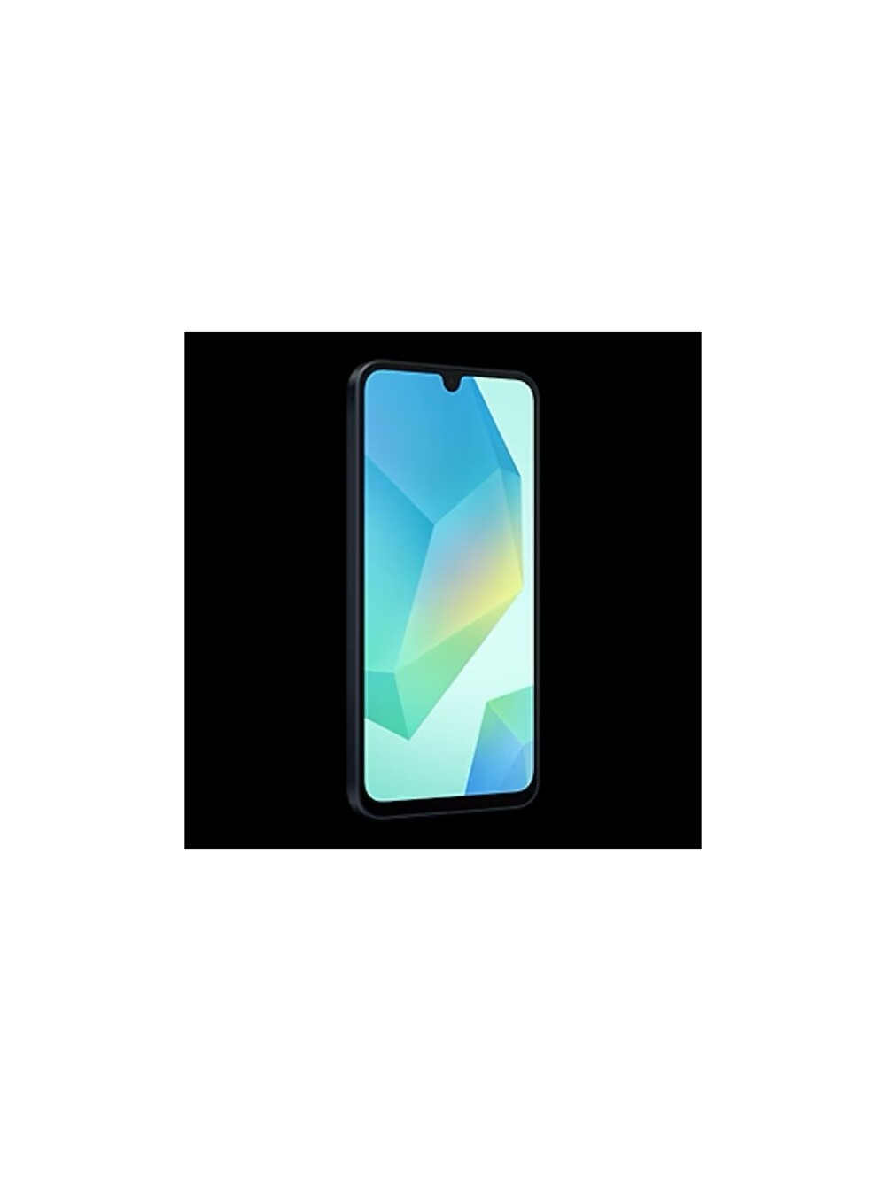 Ekranında mavi ve yeşil geometrik tasarımlı, siyah çerçeveli bir akıllı telefon. Arka plan siyahtır.