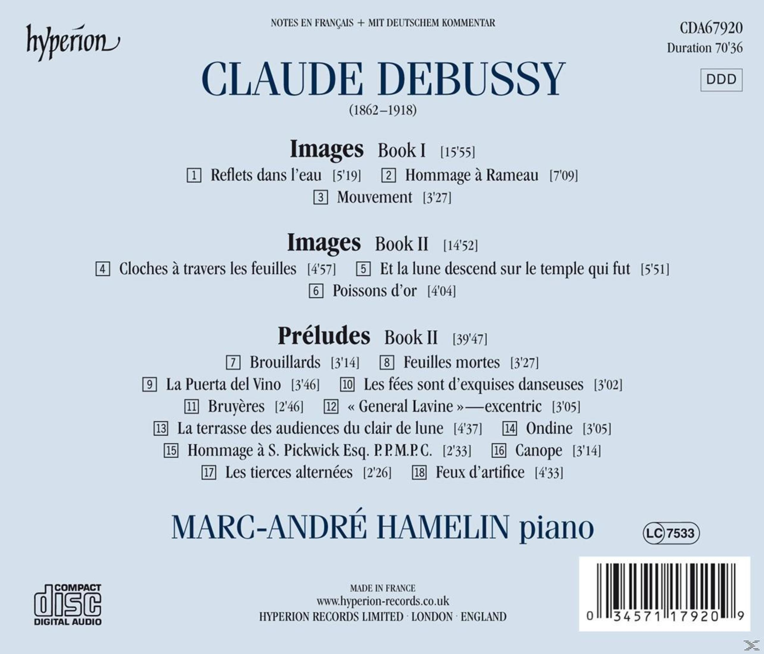 CD-Cover für Klaviermusik von Claude Debussy, gespielt von Marc-André Hamelin. Enthält Trackliste und Hyperion-Logo.