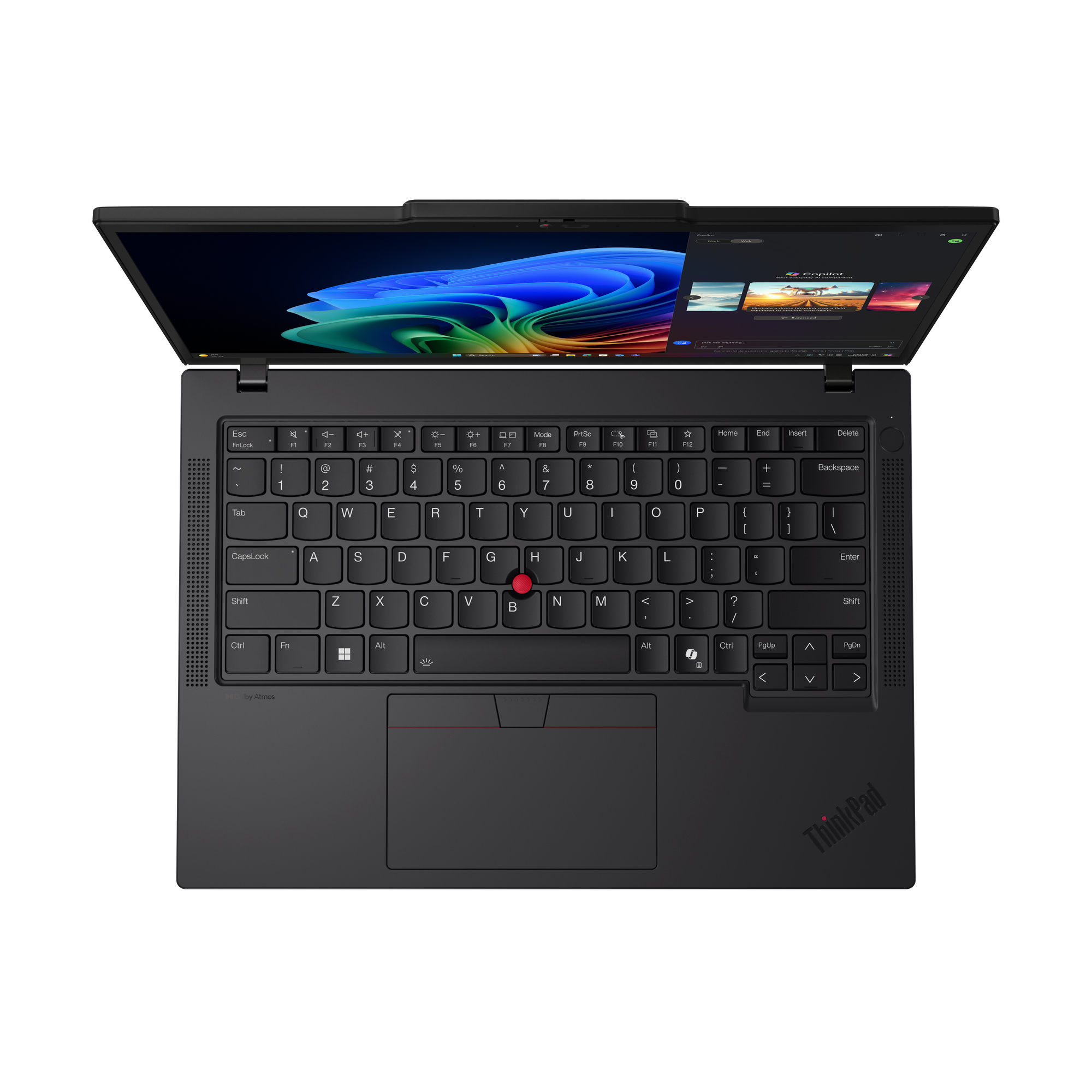 Un laptop ThinkPad nero è aperto, mostrando la tastiera, il touchpad e lo schermo con un'interfaccia.