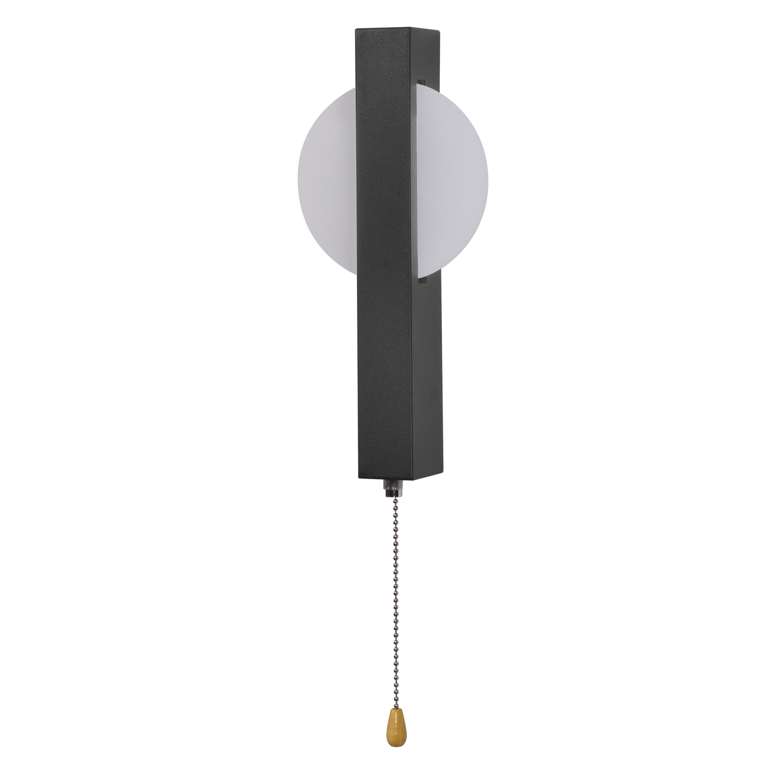 Lampada da parete nera con luce a semicerchio, catena e manico in legno su sfondo bianco.