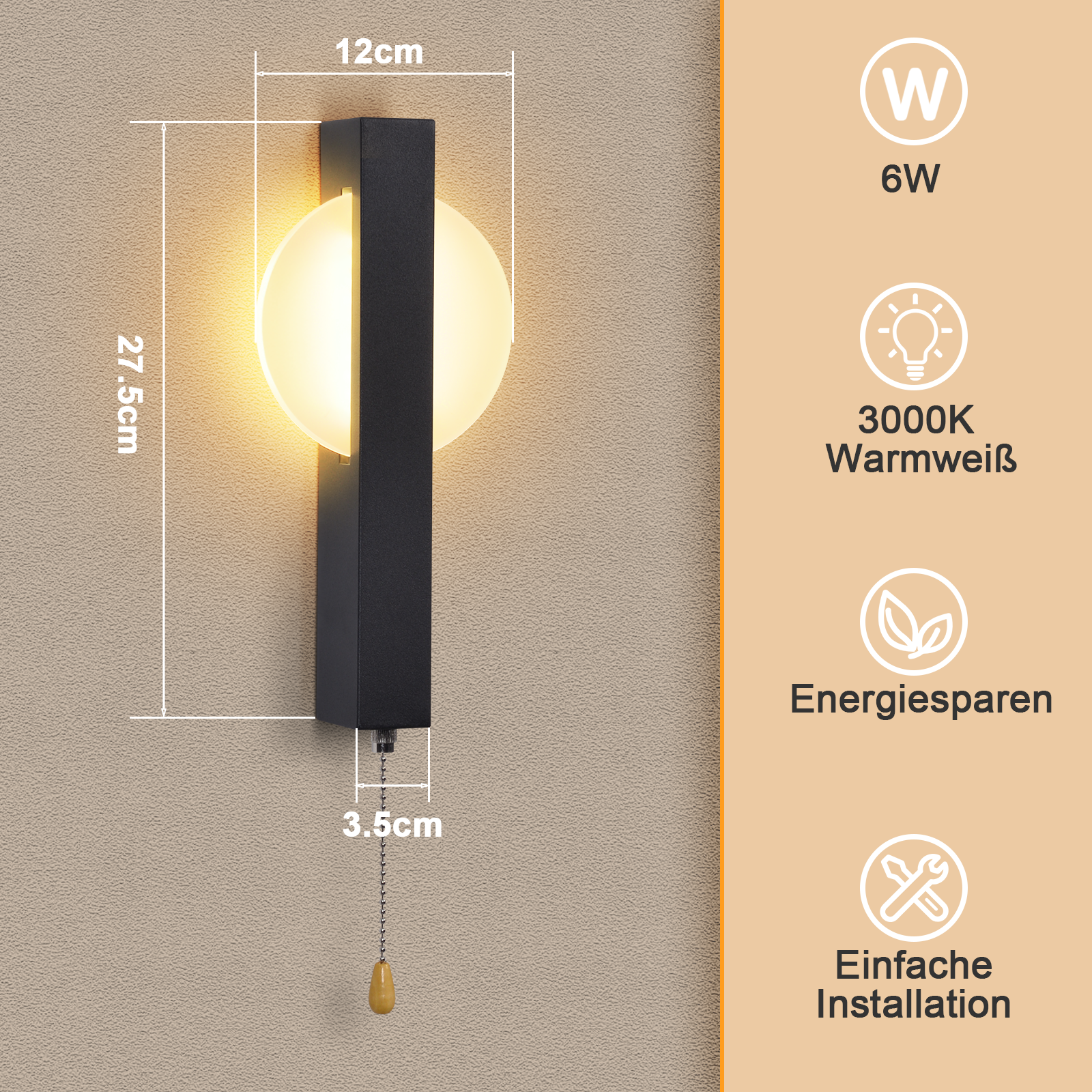 Una lampada da parete nera con vetro rotondo illuminato. Ha una catena e specifiche: 6W, 3000K, risparmio energetico, facile installazione.