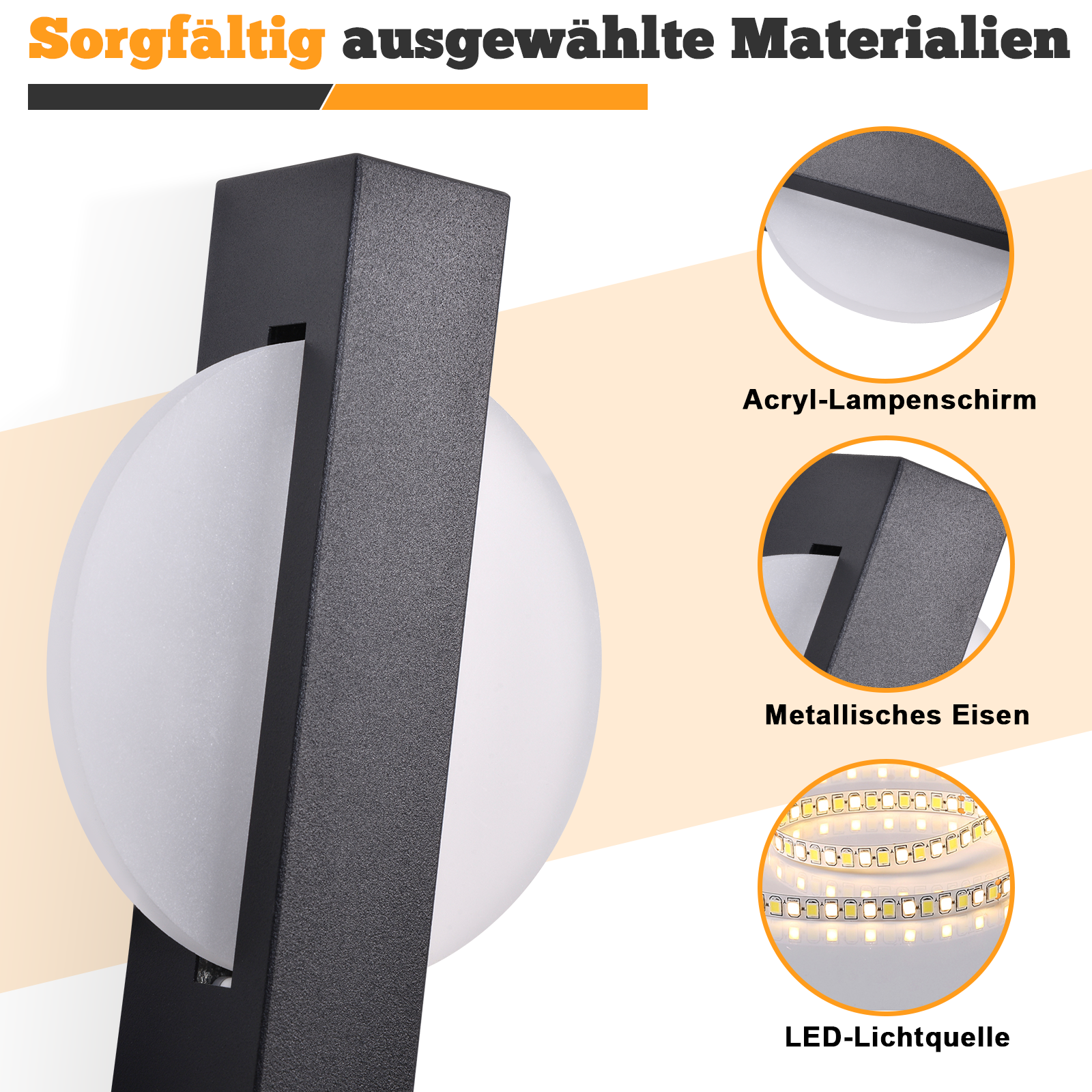 Una lampada da parete nera con sfera bianca e dettagli in metallo. Dettagli: paralume in acrilico, ferro metallico e sorgente luminosa LED.
