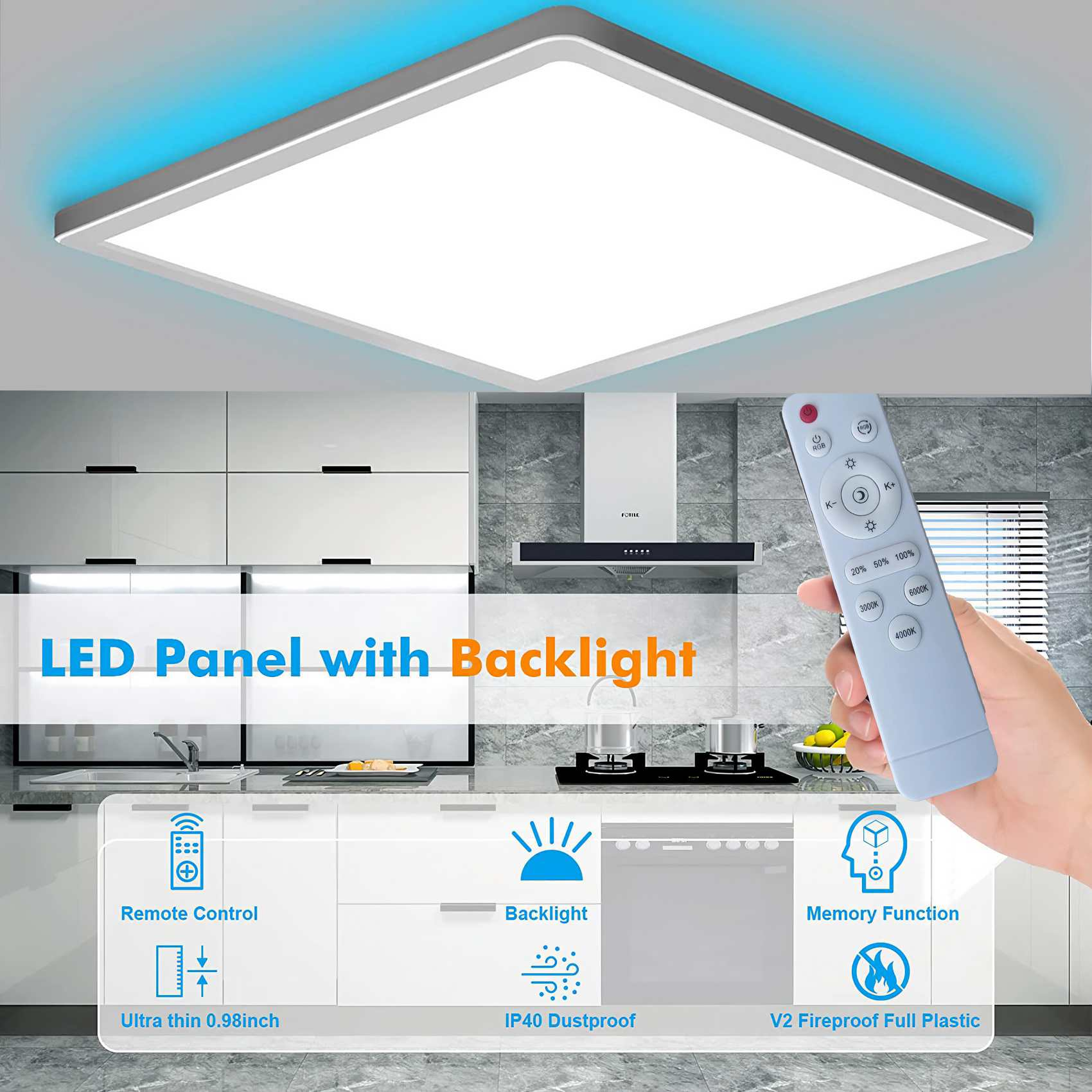 Ein quadratisches LED-Panel mit blauer Hintergrundbeleuchtung, mit einer Fernbedienung in der Hand, über einer Kücheneinrichtung.