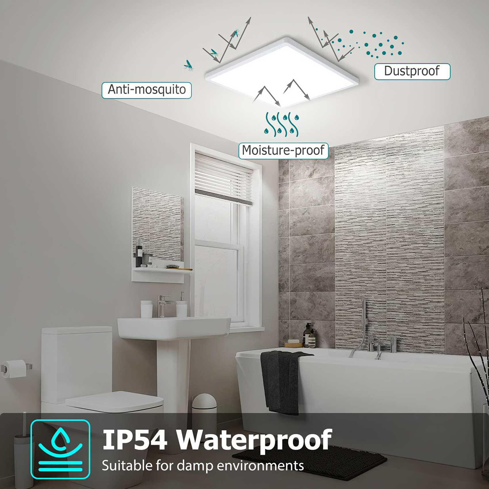 Badezimmer mit wasserdichter Leuchte. Enthält Toilette, Waschbecken, Badewanne und Dusche. Graue Fliesen und weiße Armaturen.