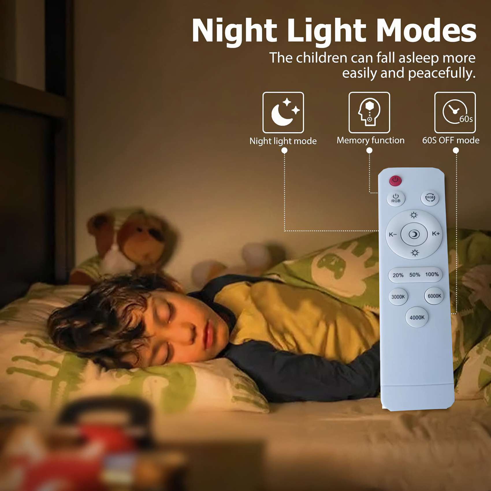 Ein Kind schläft im Bett mit einer Fernbedienung. Text enthält 'Nachtlichtmodi' und Symbole für Nachtlicht, Speicher und 60s aus.