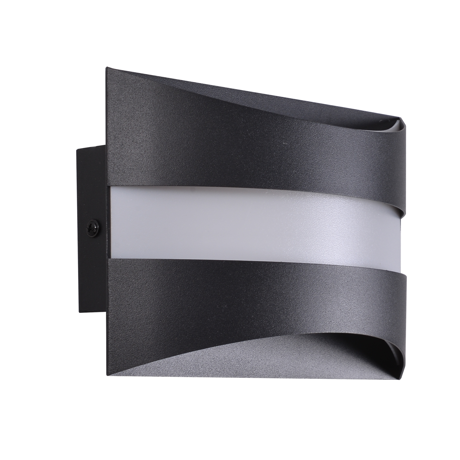 Una lampada da parete nera e moderna con un pannello luminoso bianco al centro, isolata su sfondo bianco.