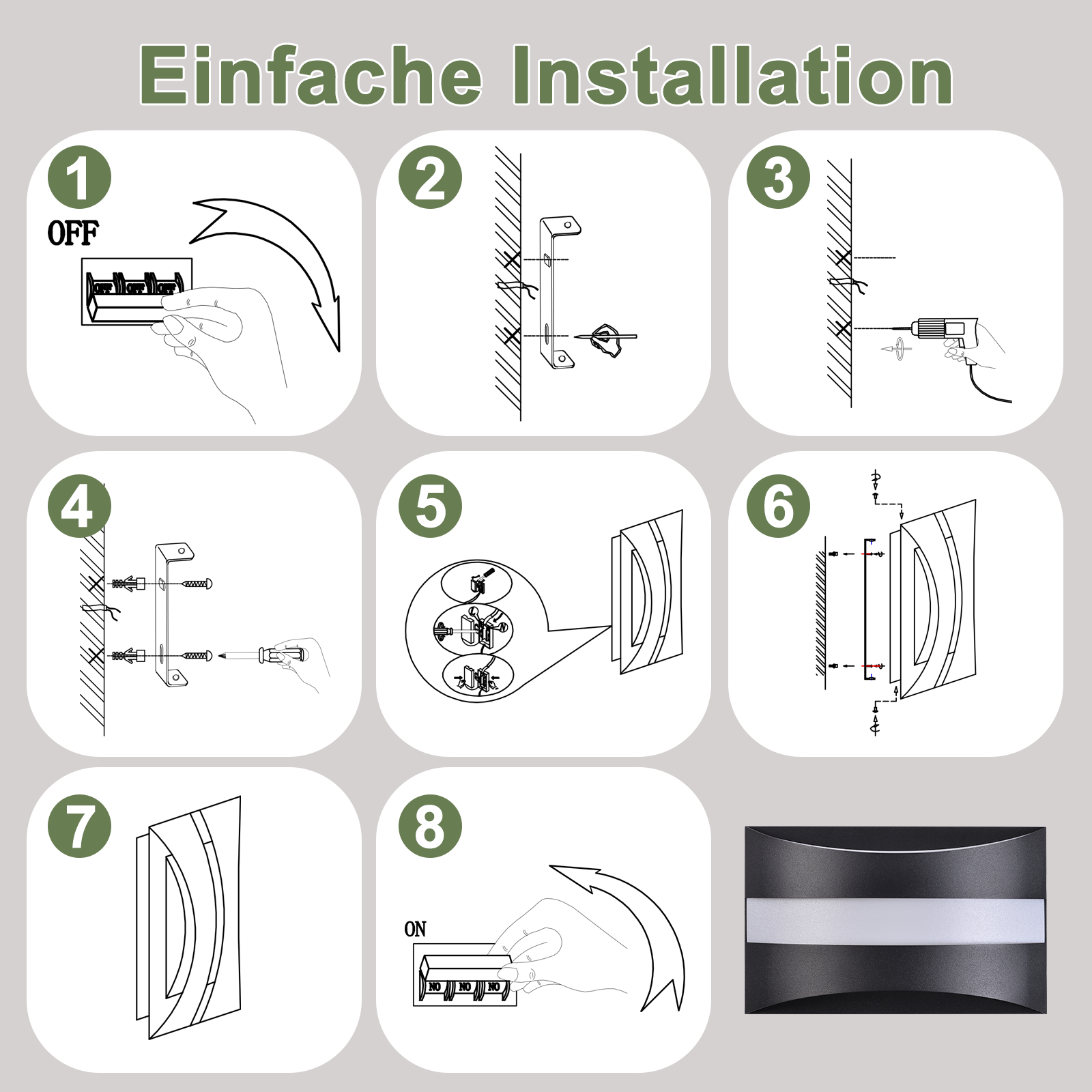 Guida all'installazione. Mostra i passaggi 1-8 con diagrammi. Include una lampada da parete nera con una striscia luminosa bianca.