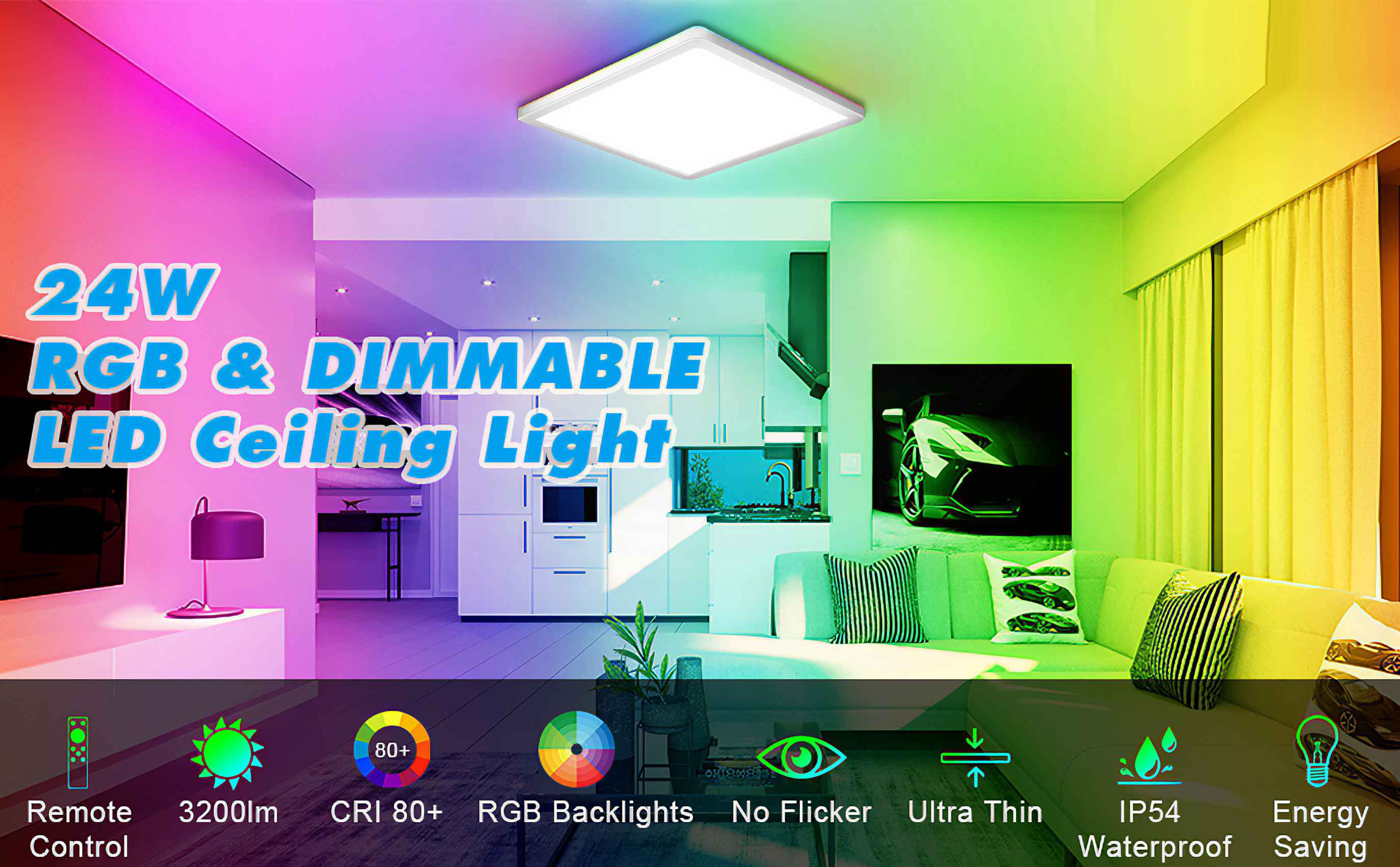 Werbung für eine LED-Deckenleuchte. Der Raum ist farbenfroh. Zu den Merkmalen gehören dimmbares Licht, RGB, wasserdicht und energiesparend.