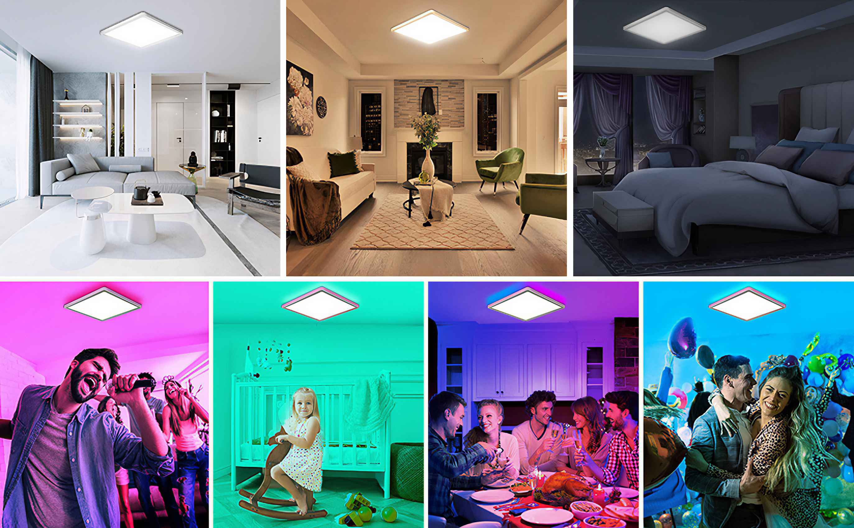 Eine Collage von Bildern, die eine quadratische Deckenleuchte in verschiedenen Umgebungen zeigen, wie z. B. einem Wohnzimmer und einer Party.