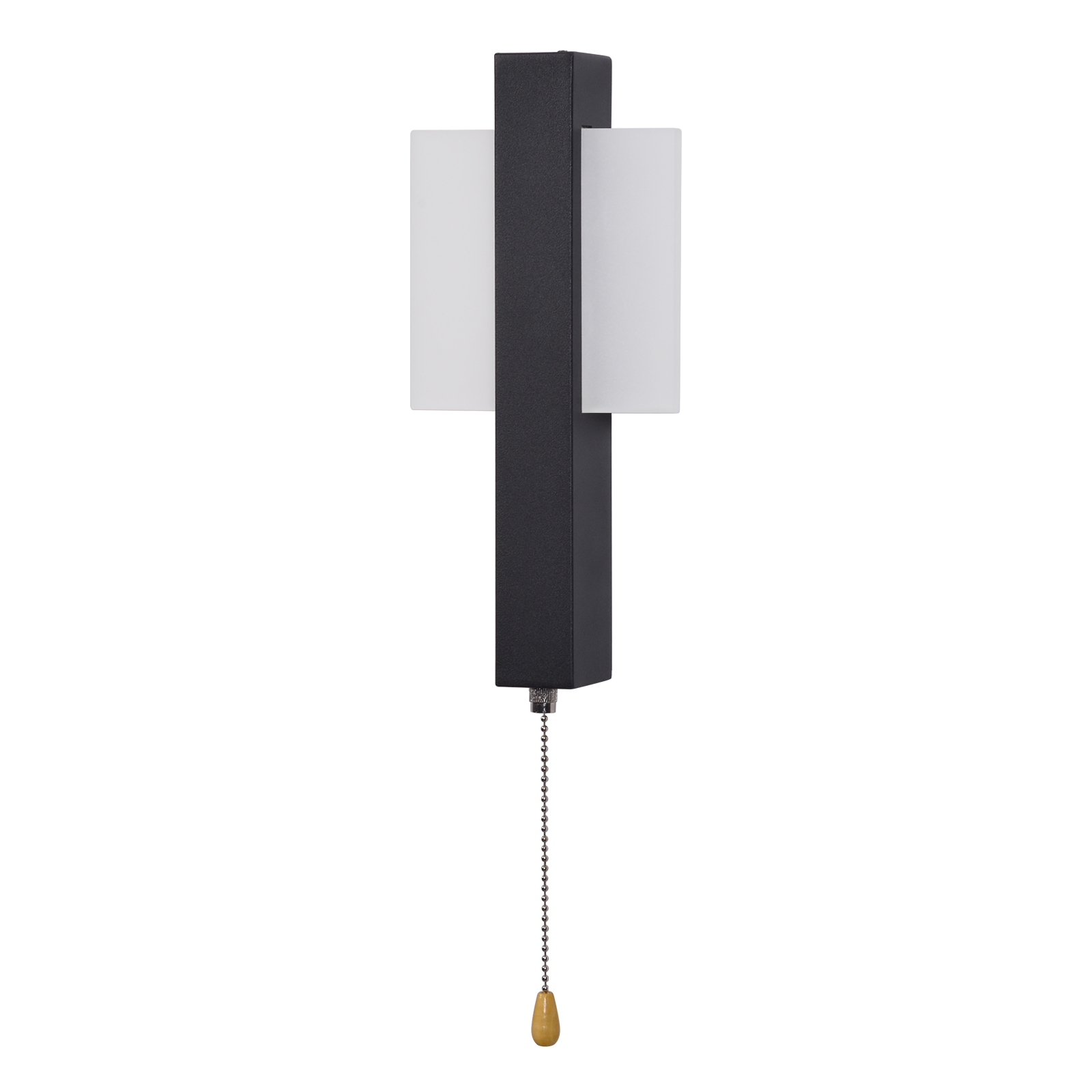 Una lampada da parete moderna con cornice nera, due paralumi in vetro bianco e catena con manico in legno.