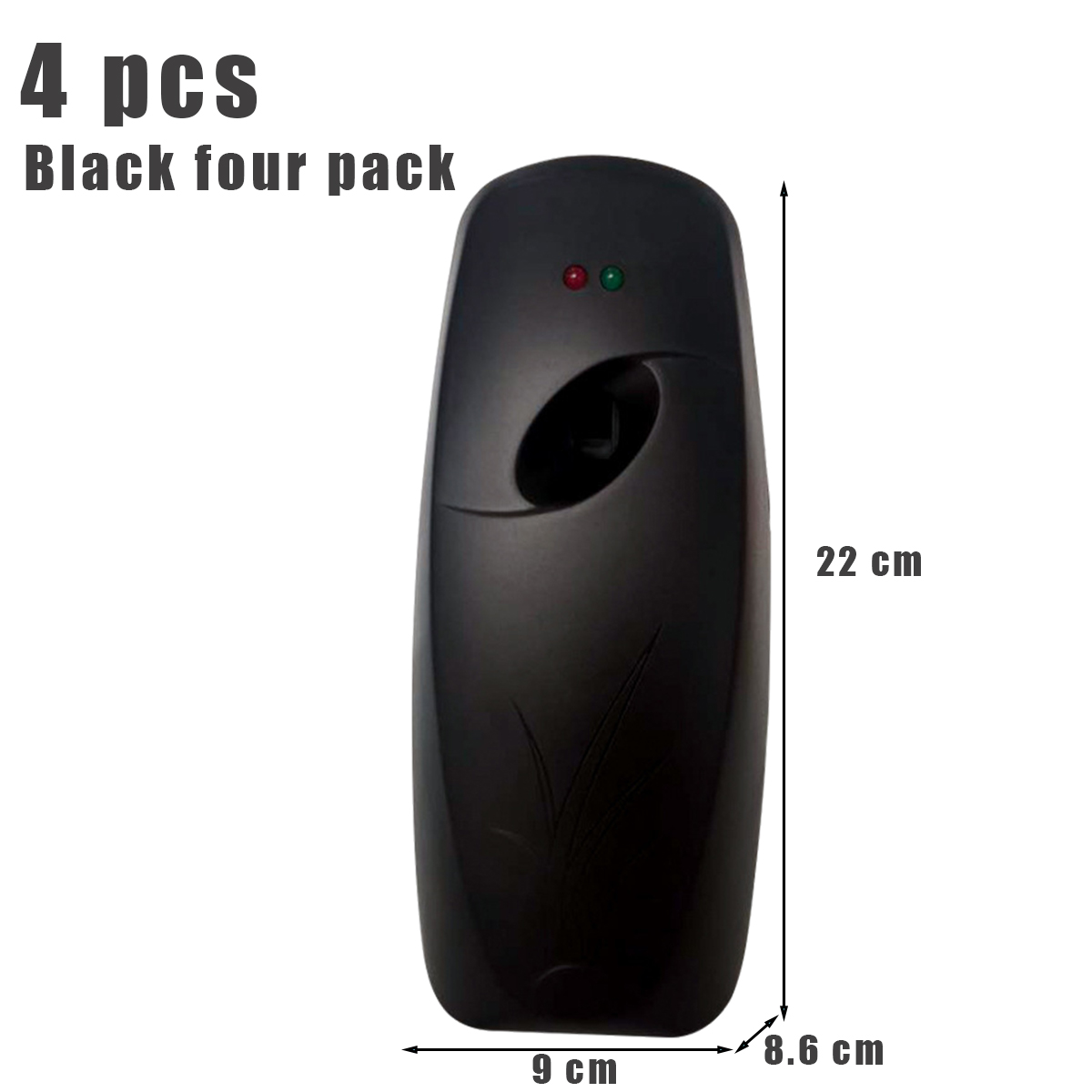 Ein schwarzer automatischer Lufterfrischer, 22 cm hoch, mit angegebenen Abmessungen. Oben steht '4 Stück Black four pack'.