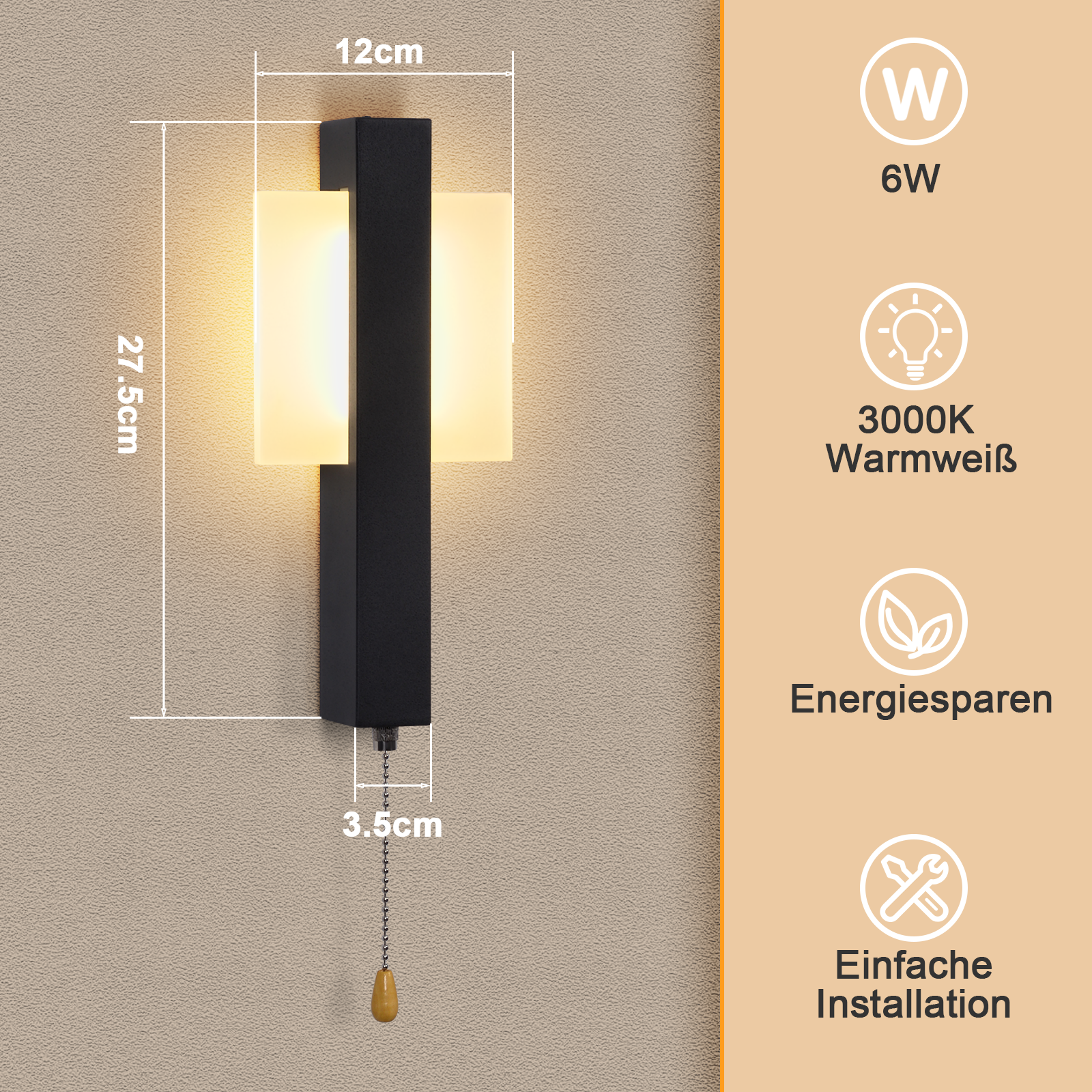 Una lampada da parete nera con due pannelli luminosi bianchi. Ha una catena e si trova su un muro beige strutturato.