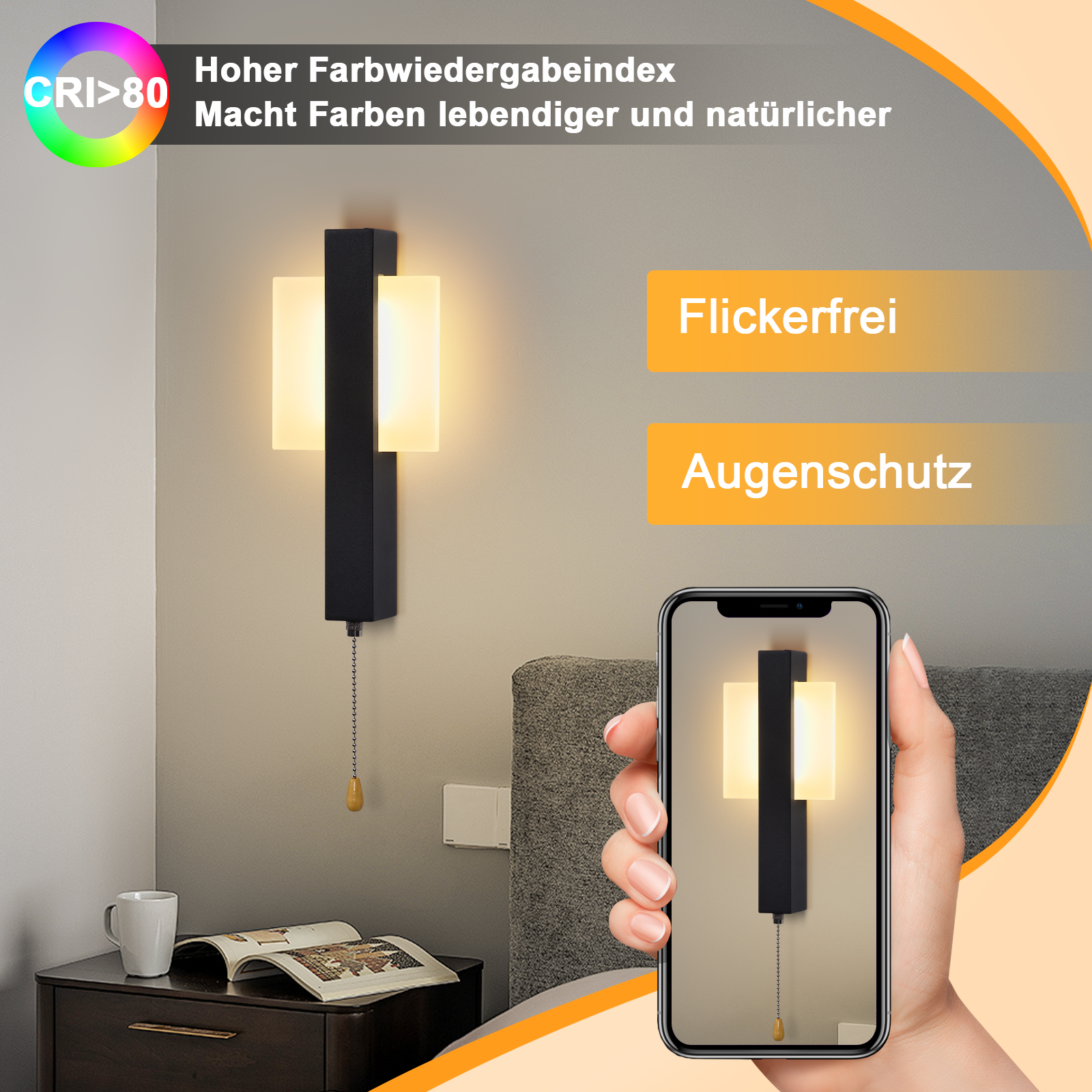 Una lampada da parete con cornice nera e due pannelli luminosi bianchi. Un telefono mostra la lampada. Un comodino e un letto sono visibili.