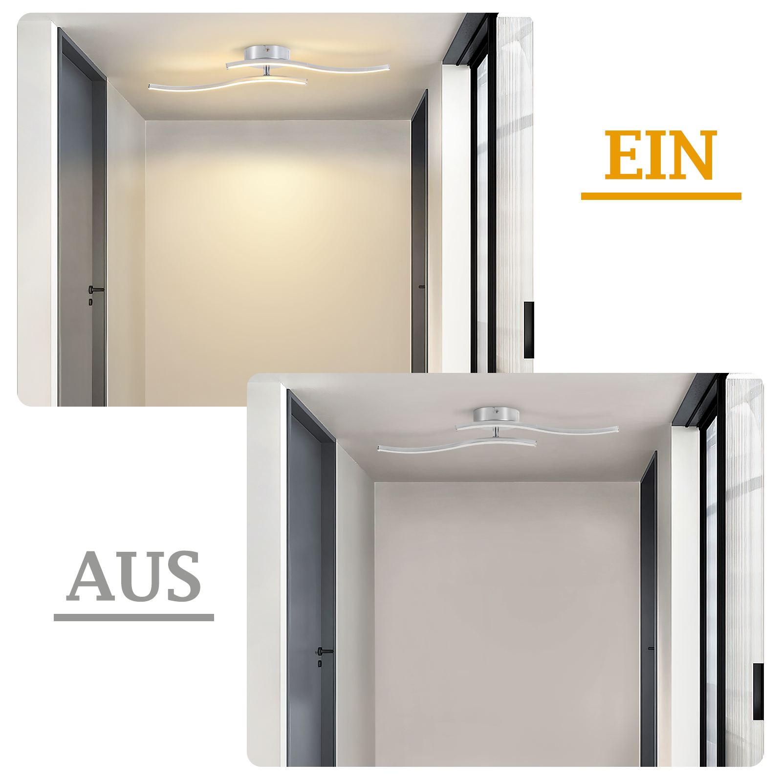 Zwei Bilder zeigen eine Deckenleuchte in einem Flur. Eines ist an, das andere aus. Türen auf jeder Seite.