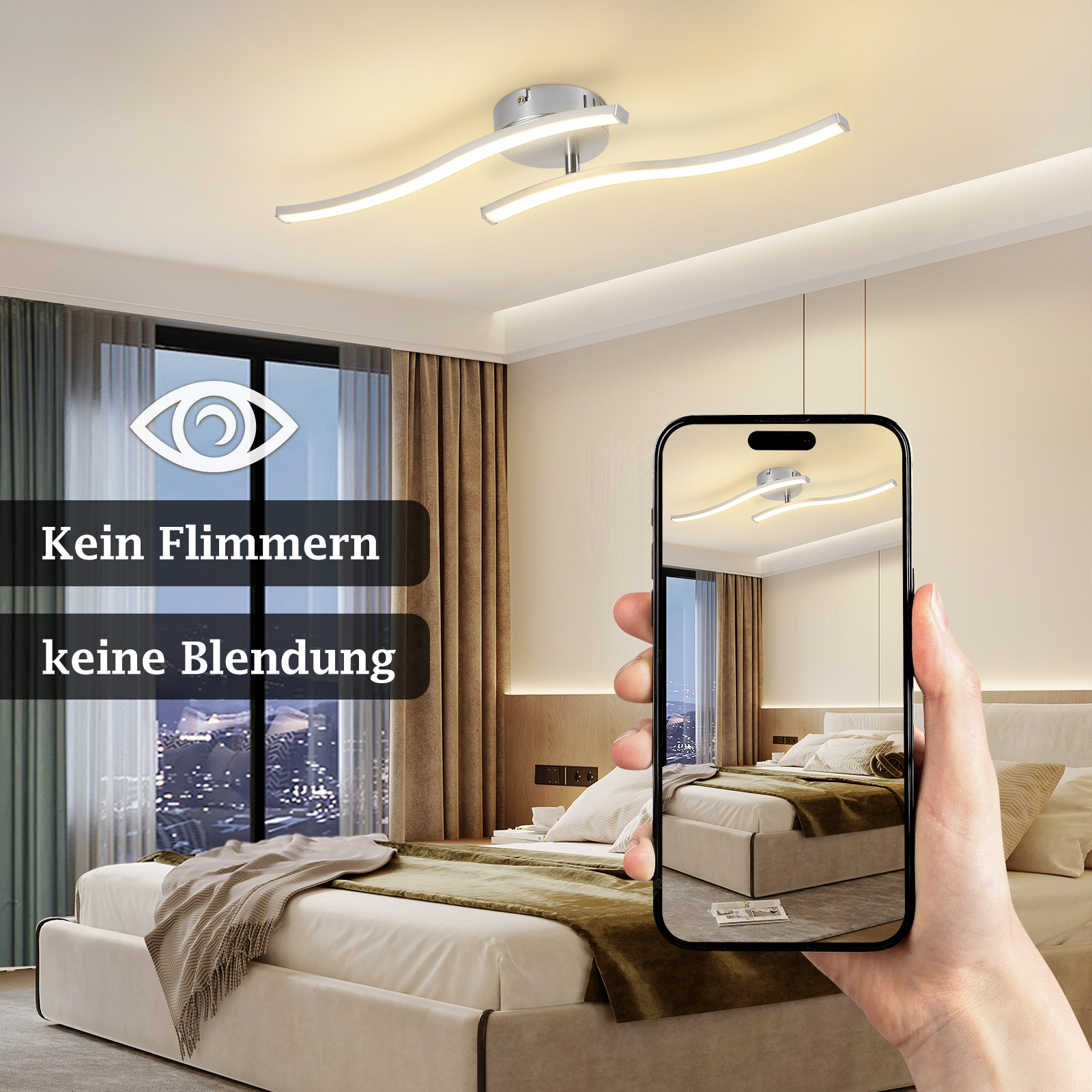 Eine Hand hält ein Telefon mit Schlafzimmer. Deckenleuchte. Zimmer hat Bett, Vorhänge und Stadtblick.