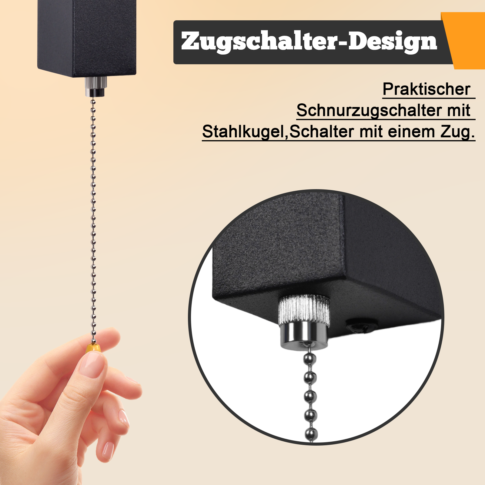 Una mano tira una catena con punta gialla su un apparecchio nero. Il testo recita 'Zugschalter-Design' e 'Interruttore a strappo pratico'.