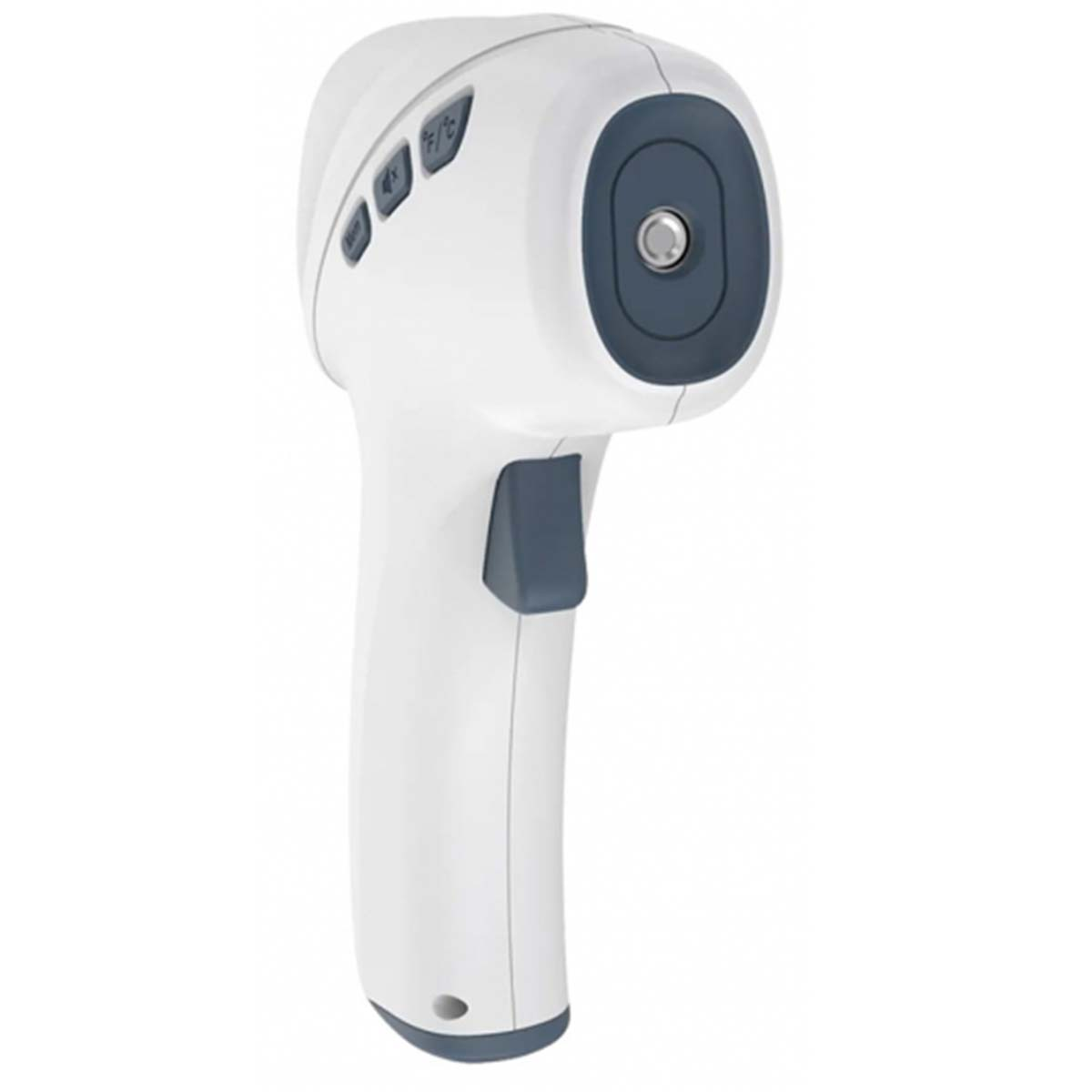 Ein weißes und graues Infrarot-Thermometer. Es hat einen Auslöser, Knöpfe und eine Linse zur Temperaturmessung. Der Griff ist gebogen.