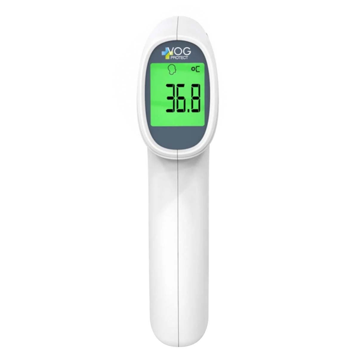 Ein weißes Infrarot-Thermometer zeigt 36,8 auf einem grünen Bildschirm. Der Markenname 'VOG PROTECT' ist sichtbar.