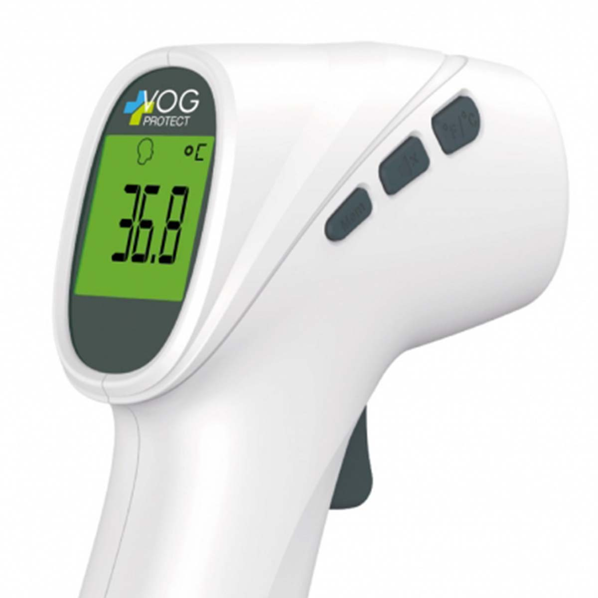 Ein weißes digitales Thermometer von VOG Protect zeigt 36,8 Grad Celsius an. Auf dem Griff des Geräts befinden sich Knöpfe.