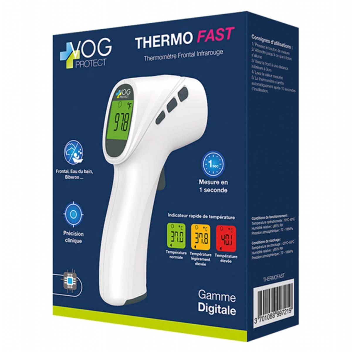 Ein weißes und grünes Infrarot-Stirnthermometer. Es zeigt einen Temperaturwert an. Die Schachtel enthält Anweisungen und Temperaturbereiche.