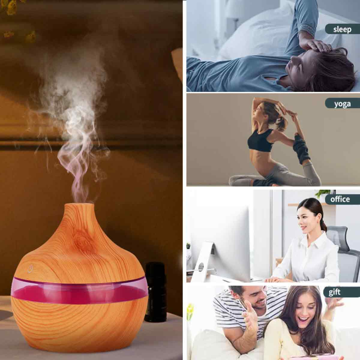 Ein Aromadiffusor mit Dampf, eine Frau im Bett, eine Frau beim Yoga, eine Frau im Büro und ein Paar mit einem Geschenk.