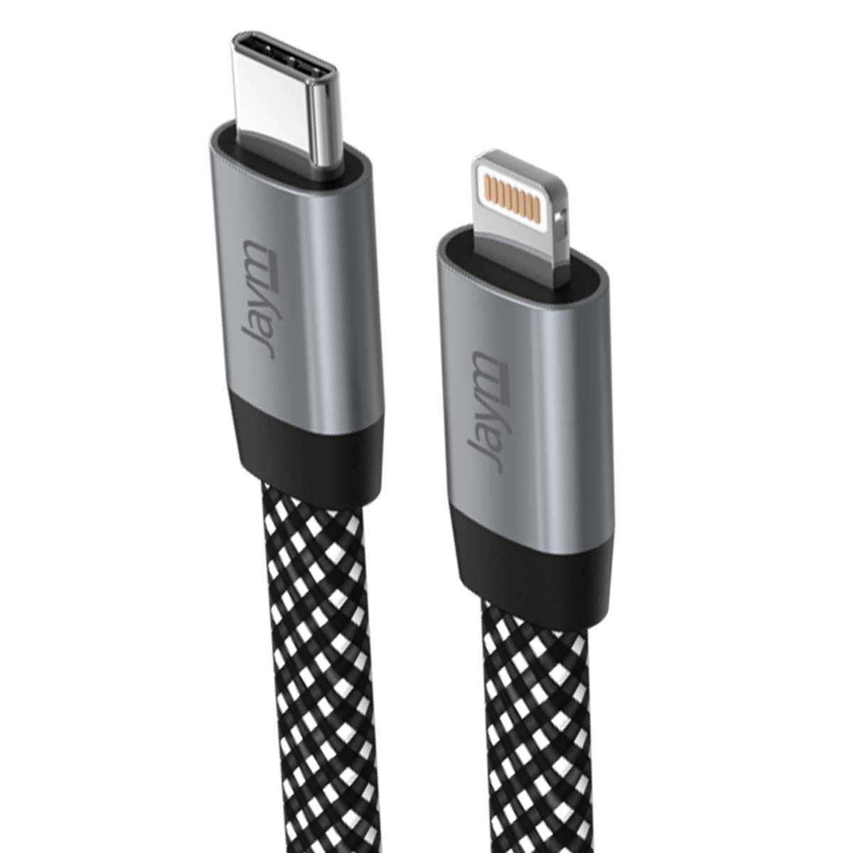Deux câbles de charge. Un avec connecteur USB-C et un autre avec connecteur Lightning. Les câbles ont un motif noir et blanc.